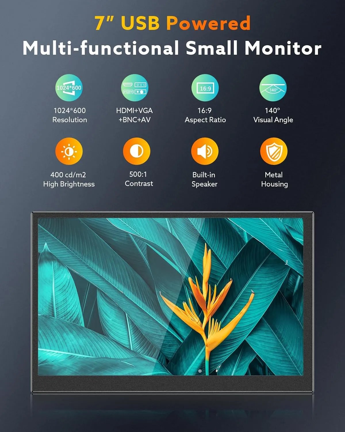 Eyoyo 7 inch Small Mini Monitor 1024x600 Resolution Car Rear View TFT LCD Screen Display with HDMI/VGA/AV Video Input for PC DVD DVR CCD 140 Degree Wi