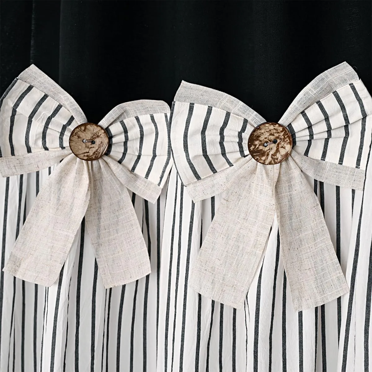 Farmhouse Black Shower Curtain,Bowknot,Cotton Woven and Cotton Blend Fabric,Pleated Black Stripe,Country Style,72x72 in