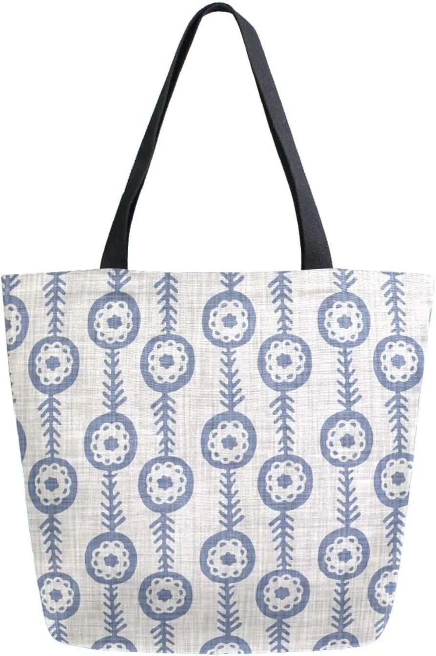 Farmhouse Floral Rustic Gray Blue Canvas Tote Bag for Women with Zipper Pocket Reusable Grocery Shopping Bags Large Travel Shoulder Bag Handbag Bags