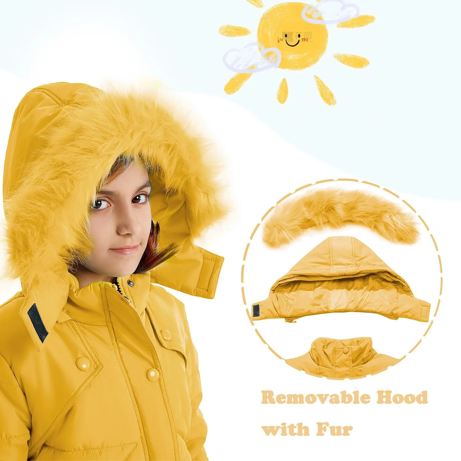 FARVALUE Girls' Winter Coats Fur Hooded Warm Puffer Jacket Coat for Girls