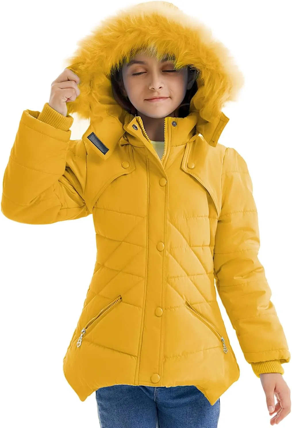FARVALUE Girls' Winter Coats Fur Hooded Warm Puffer Jacket Coat for Girls