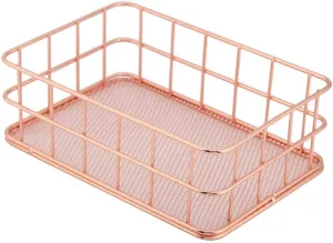 Fdit Makeup Storage Basket Organizer Rose Gold Iron Cosmetic Storage Holder Desktop Decor Household Woman Girl Lady(C)