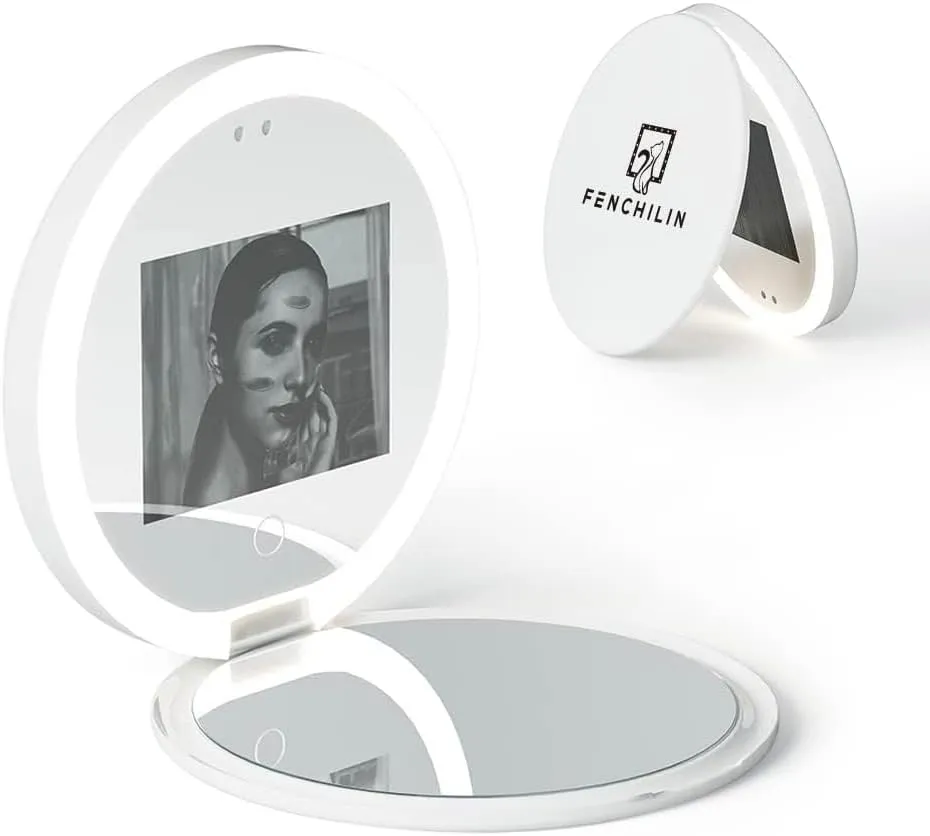 FENCHILIN Travel Compact Mirror with UV Camera for Sunscreen Test, 2X Magnification Portable Lighted Mirror for Handbag Pocket, 3.5 Inch