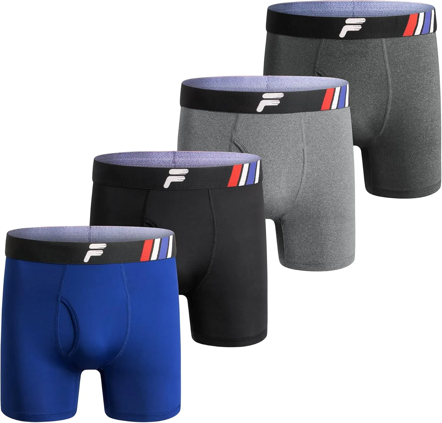 Fila Men's 6" Boxer Briefs Fly Front, 90% Polyester 10% Spandex, 4-Pack
