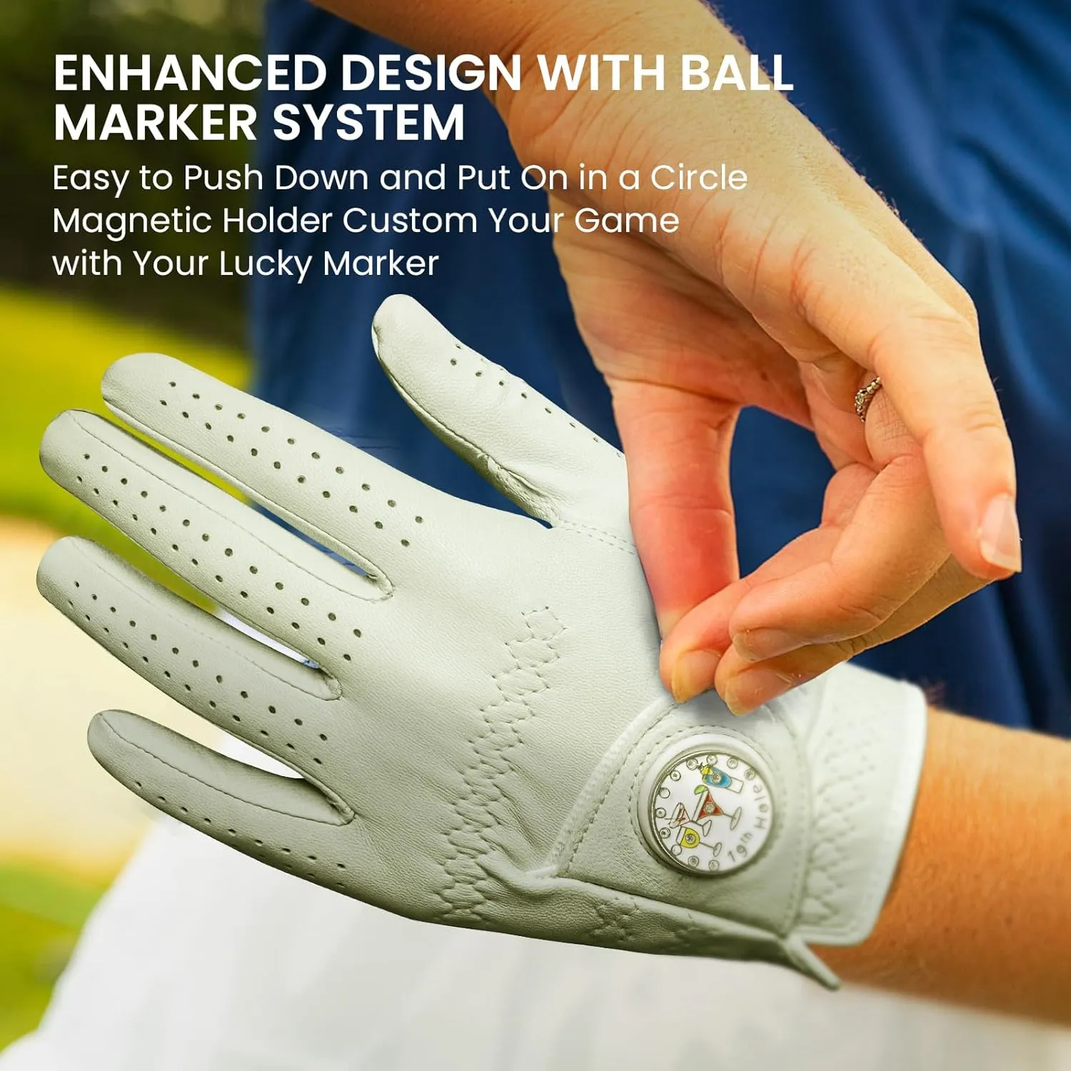 FINGER TEN Golf Gloves Women Right Handed Golfer Left Hand Cabretta Leather with Ball Marker 1 Pack Womens Ladies Golf Glove Non Slip All Weather Grip