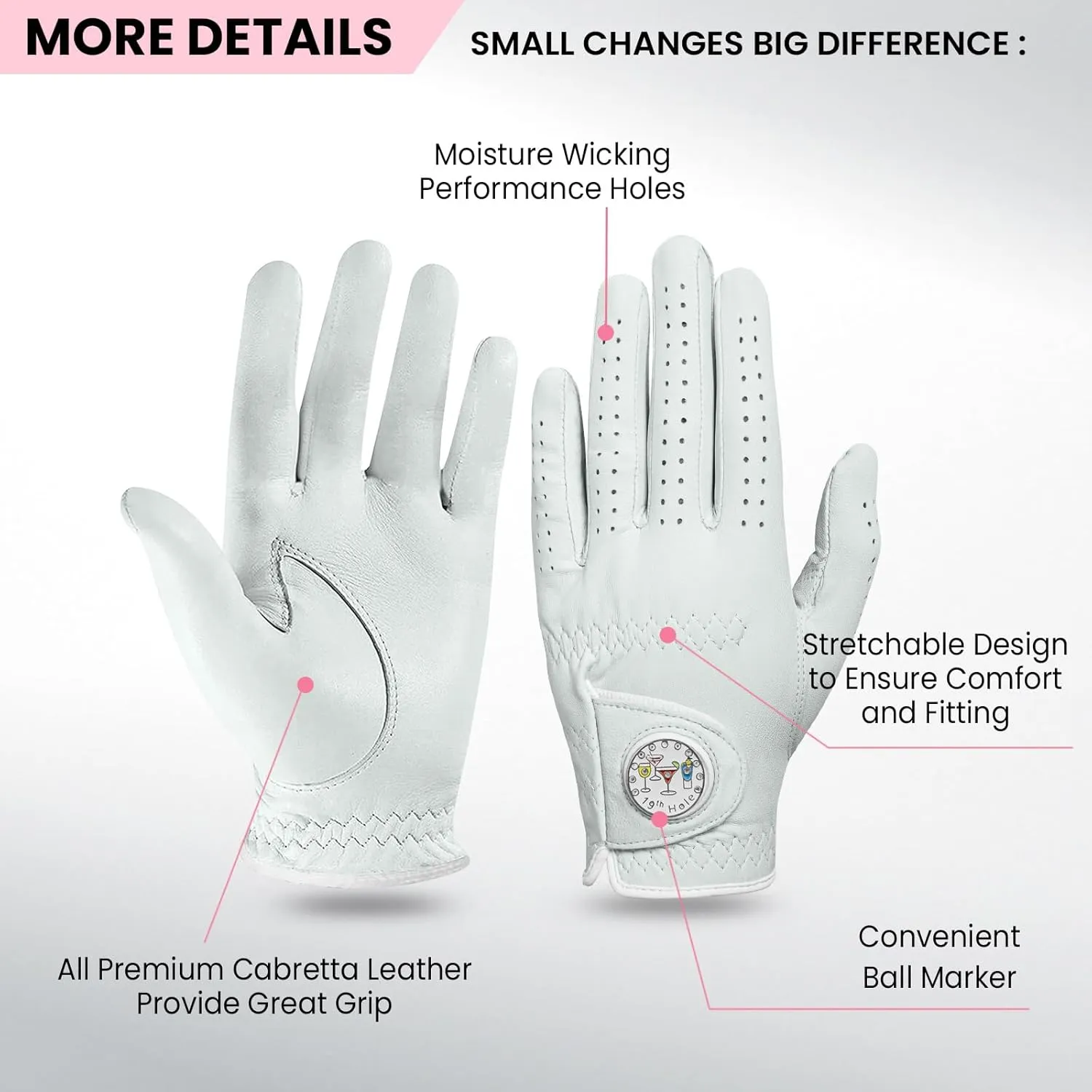 FINGER TEN Golf Gloves Women Right Handed Golfer Left Hand Cabretta Leather with Ball Marker 1 Pack Womens Ladies Golf Glove Non Slip All Weather Grip