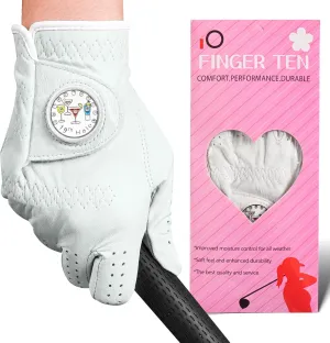FINGER TEN Golf Gloves Women Right Handed Golfer Left Hand Cabretta Leather with Ball Marker 1 Pack Womens Ladies Golf Glove Non Slip All Weather Grip