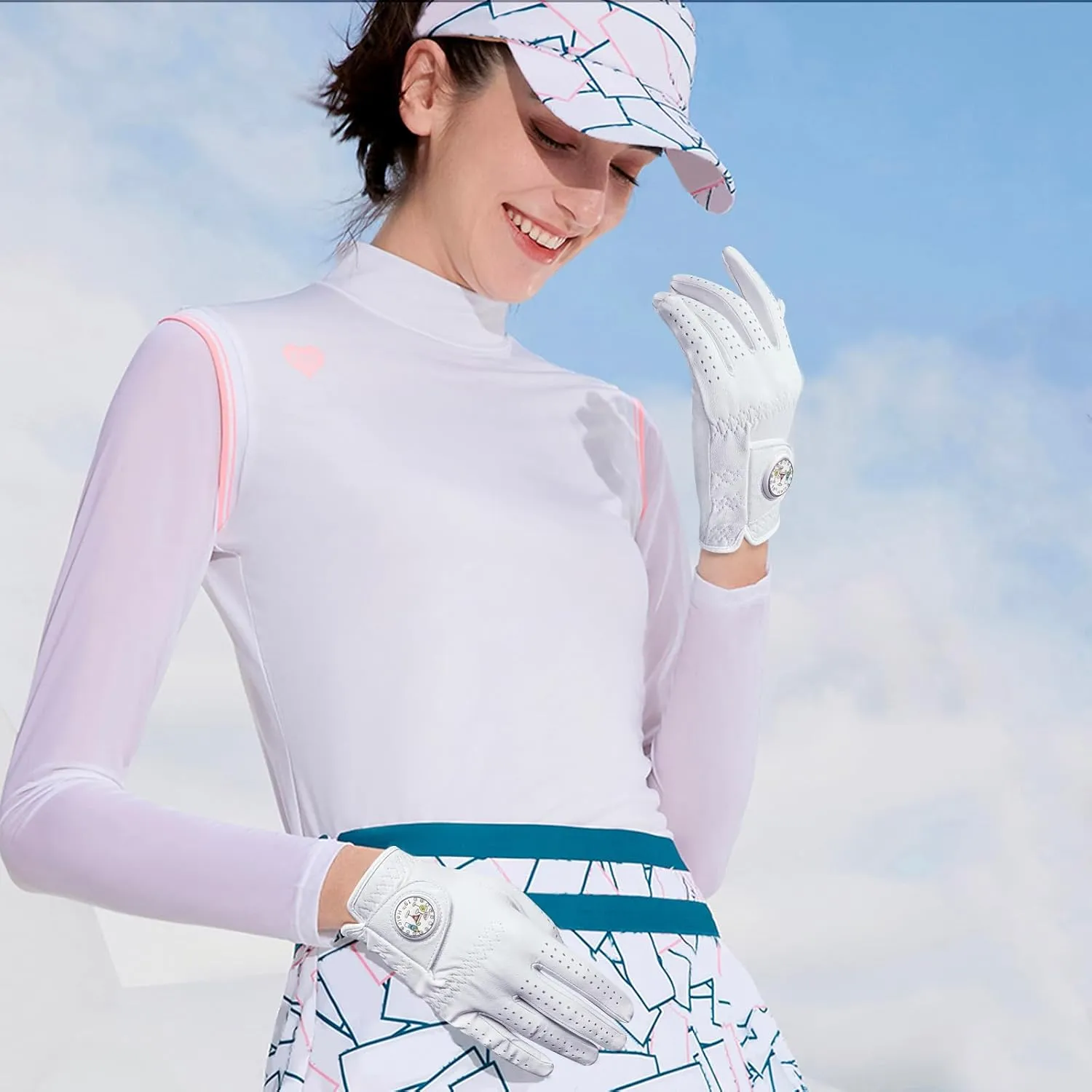 FINGER TEN Golf Gloves Women Right Handed Golfer Left Hand Cabretta Leather with Ball Marker 1 Pack Womens Ladies Golf Glove Non Slip All Weather Grip