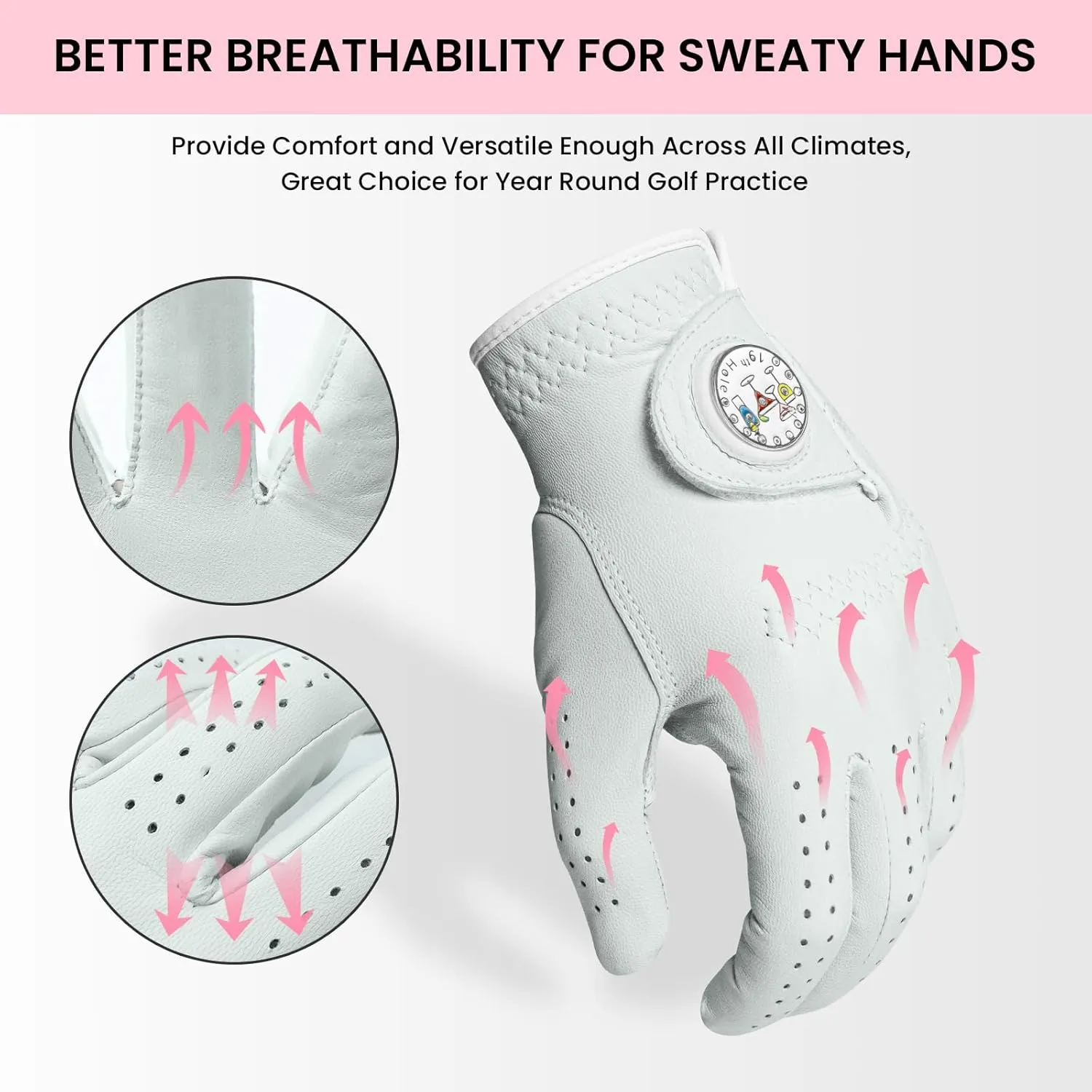 FINGER TEN Golf Gloves Women Right Handed Golfer Left Hand Cabretta Leather with Ball Marker 1 Pack Womens Ladies Golf Glove Non Slip All Weather Grip