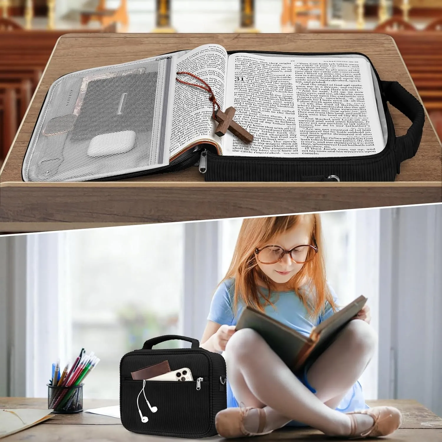 FINPAC Large Bible Cover w/Shoulder Strap, Carrying Book Case Church Bag Bible Protective w/Pen Slots and Zippered Pocket, Gift for Women Lady, Corduroy Black
