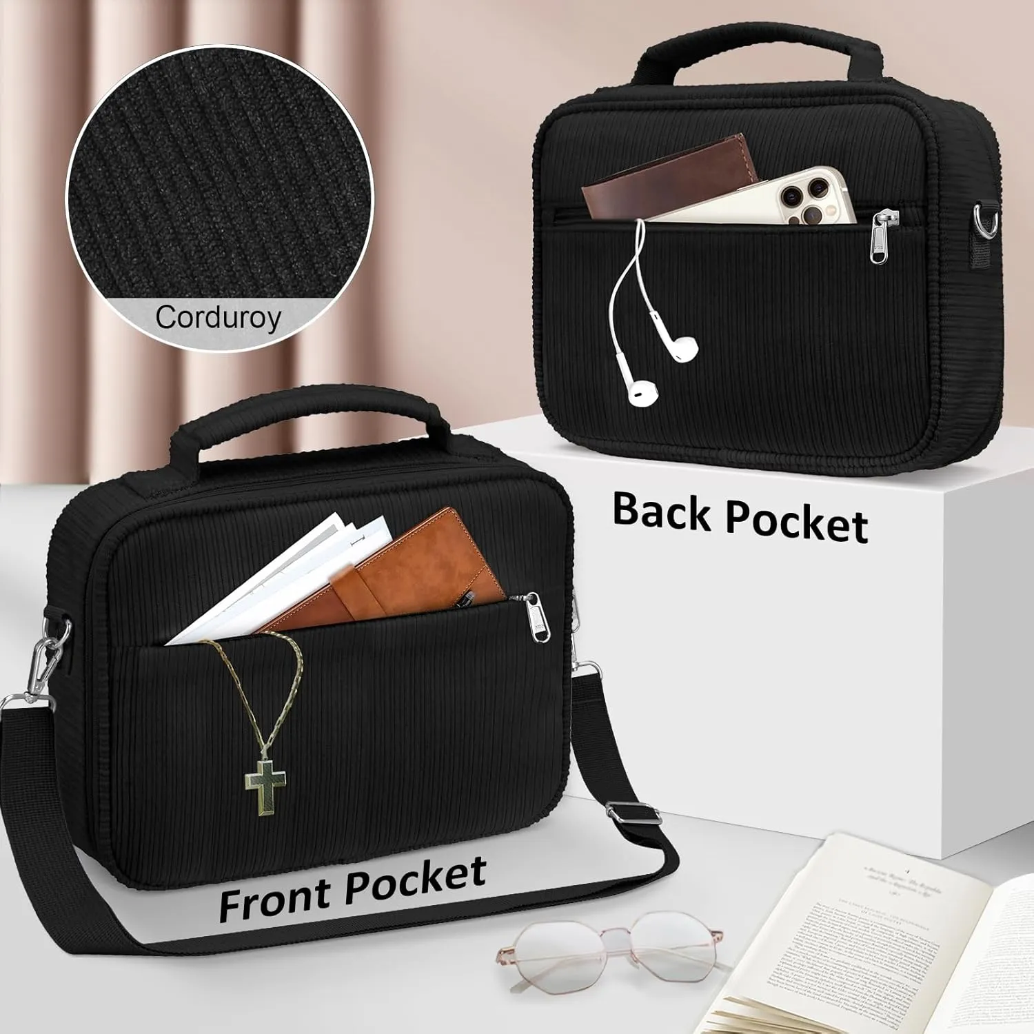 FINPAC Large Bible Cover w/Shoulder Strap, Carrying Book Case Church Bag Bible Protective w/Pen Slots and Zippered Pocket, Gift for Women Lady, Corduroy Black