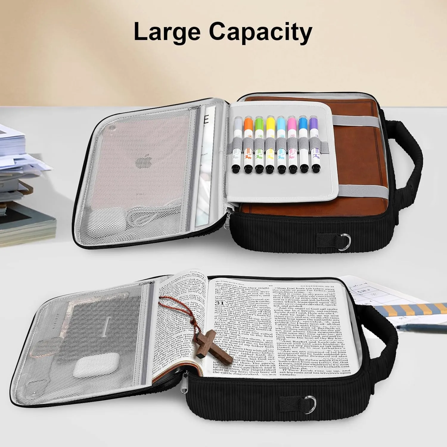 FINPAC Large Bible Cover w/Shoulder Strap, Carrying Book Case Church Bag Bible Protective w/Pen Slots and Zippered Pocket, Gift for Women Lady, Corduroy Black