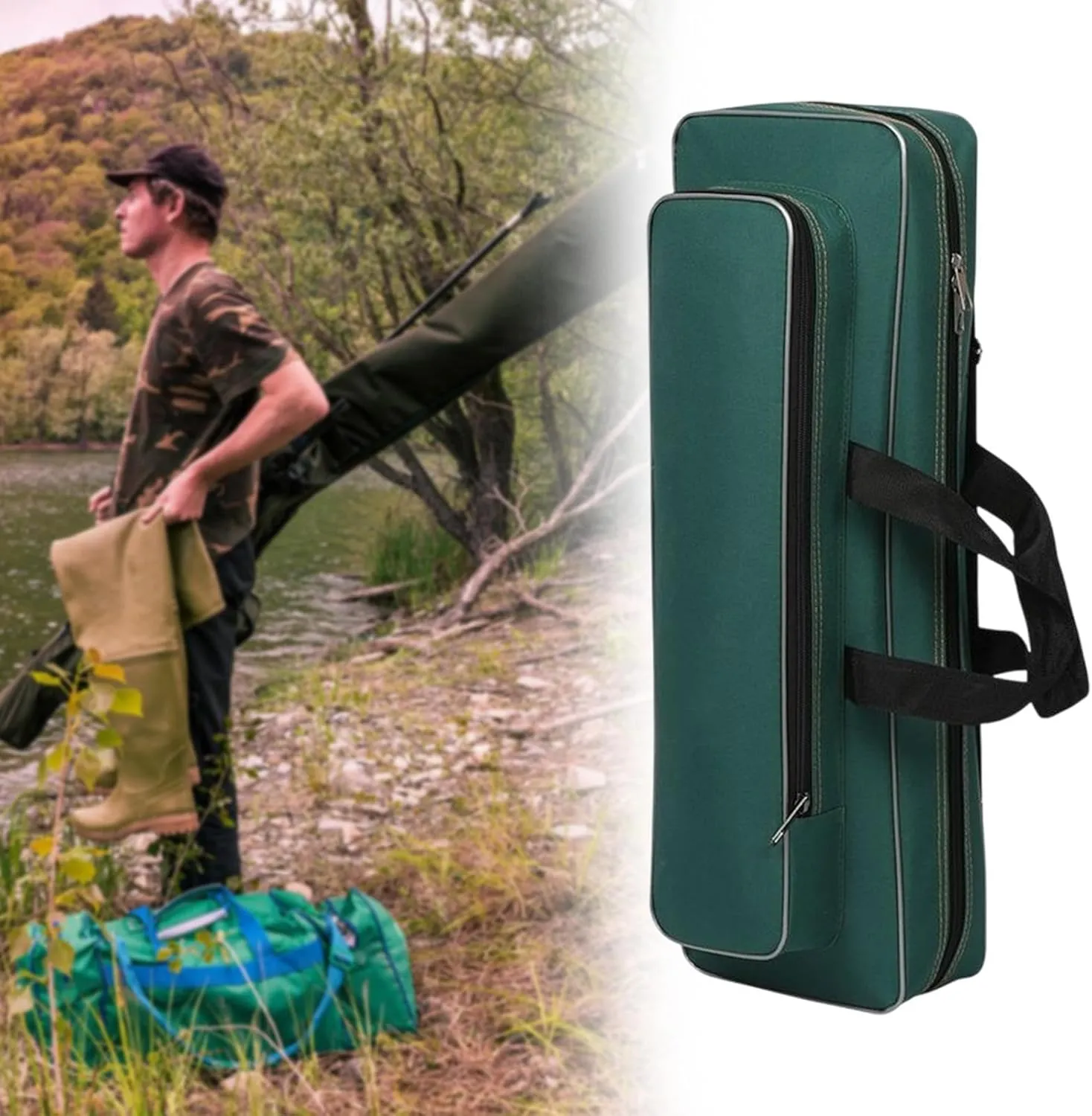 Fishing Tools Bag Fishing Rod Case Adjustable Shoulder Strap Large Capacity Rod Carrier Shoulders Bag for Ice Fishing Travel, Dark Green, 60cm