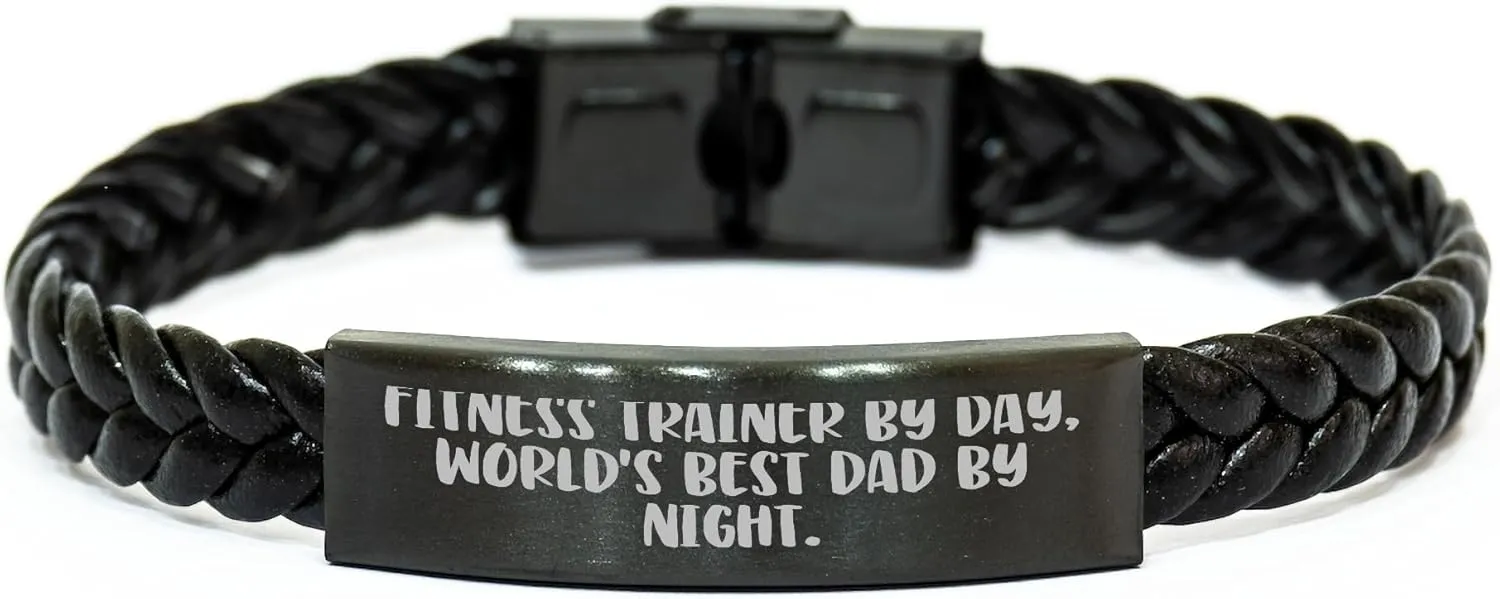 Fitness Trainer by Day, World's Best Dad by Night, Interlaced Leather Birthday Unique Gift for the Fitness Professional, Combining Style and Fitness, 7.87 Inches Long