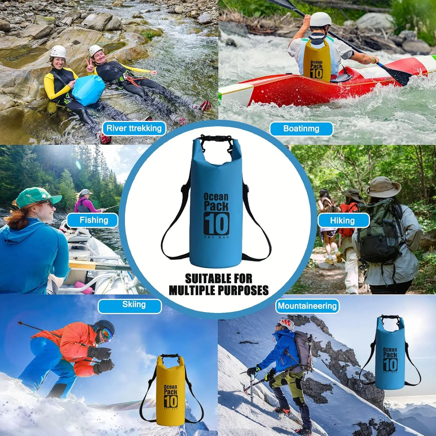 Floating Waterproof Dry Bag Backpack 5L/10L/20L, Roll Top Bag for Kayaking, Rafting, Boating, Swimming, Camping, Hiking, Beach, Fishing, Waterproof Beach Bag. (Blue, 10L)
