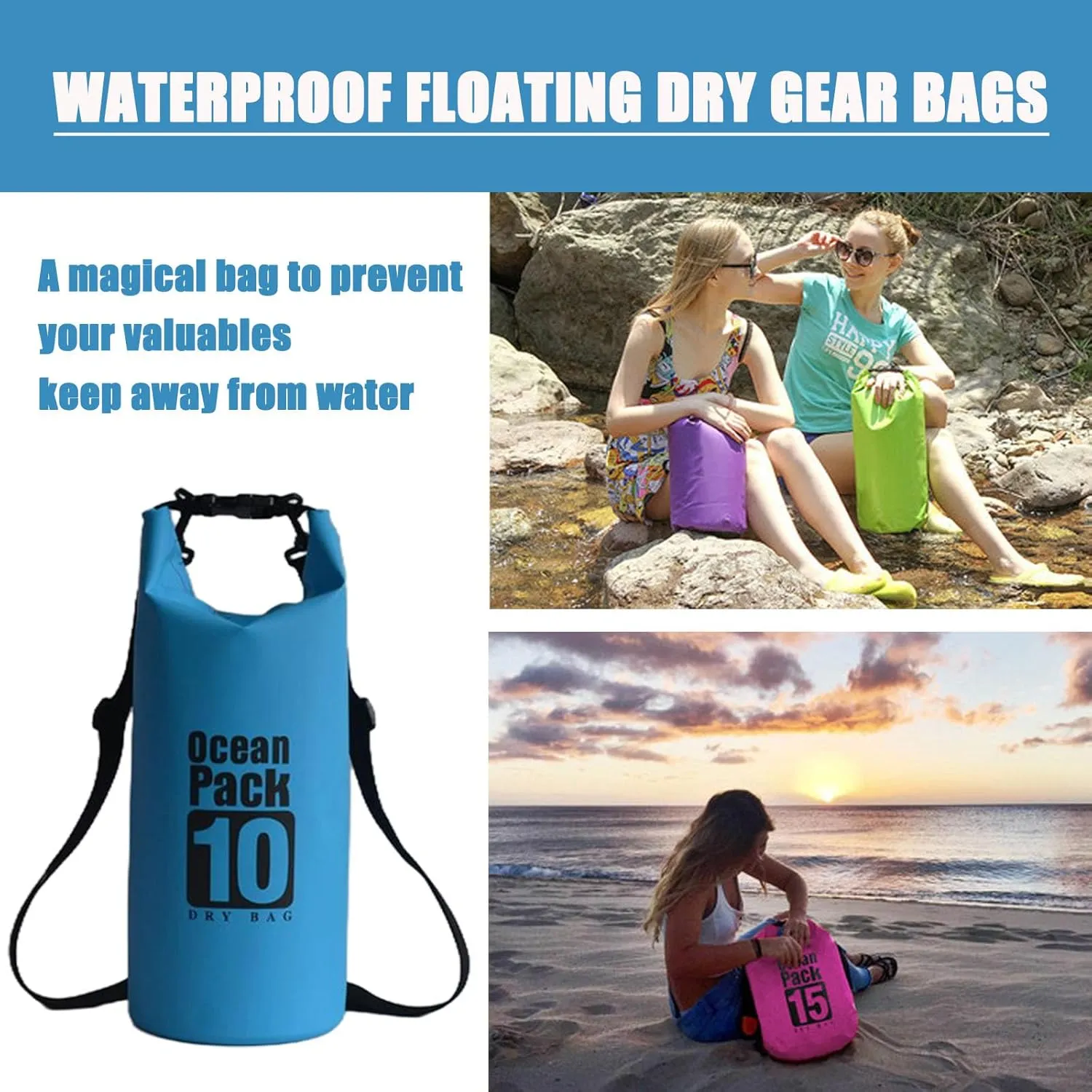 Floating Waterproof Dry Bag Backpack 5L/10L/20L, Roll Top Bag for Kayaking, Rafting, Boating, Swimming, Camping, Hiking, Beach, Fishing, Waterproof Beach Bag. (Blue, 10L)