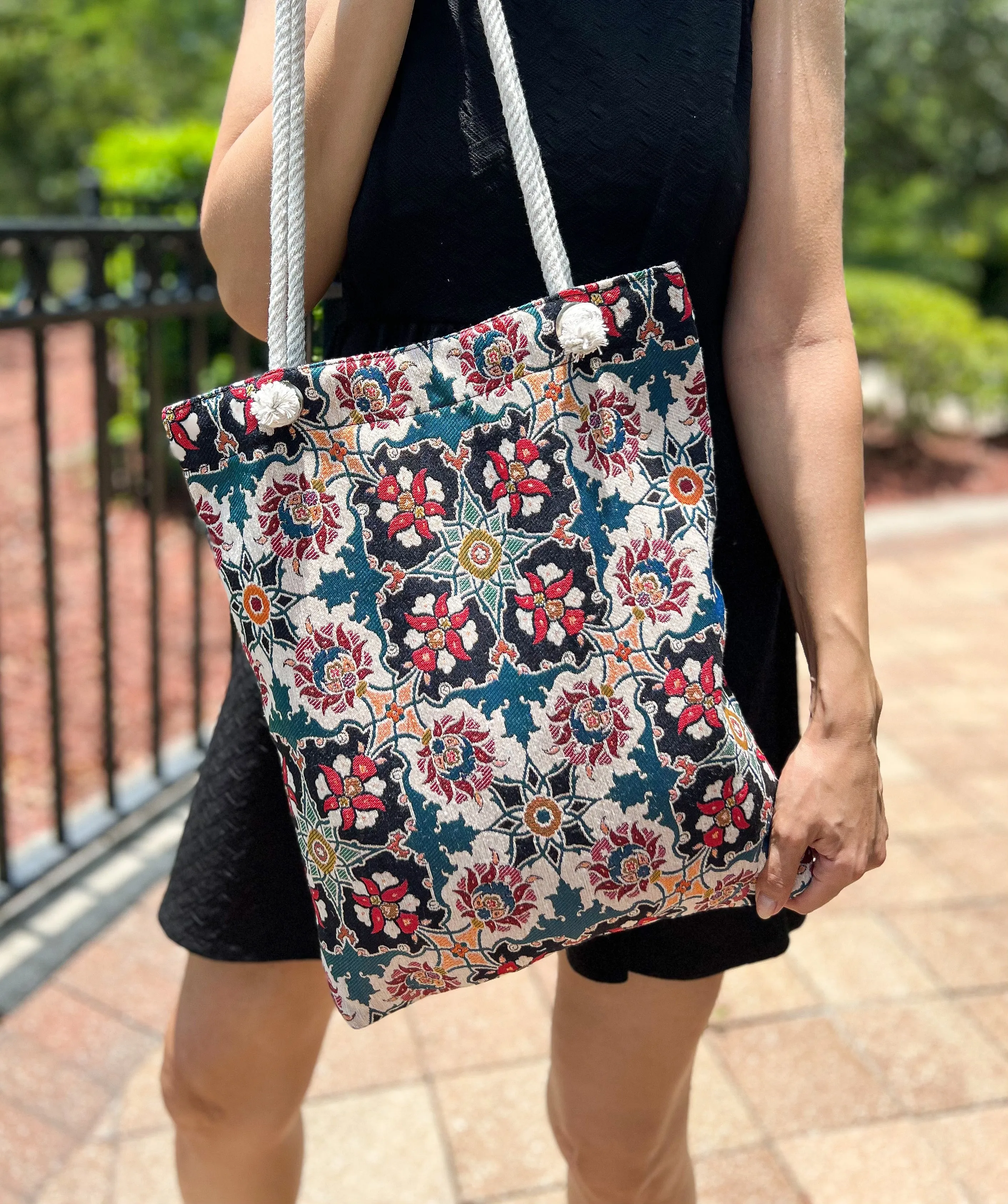 Floral Tote Bag, Handmade Beach Bag, Boho Shoulder Bag