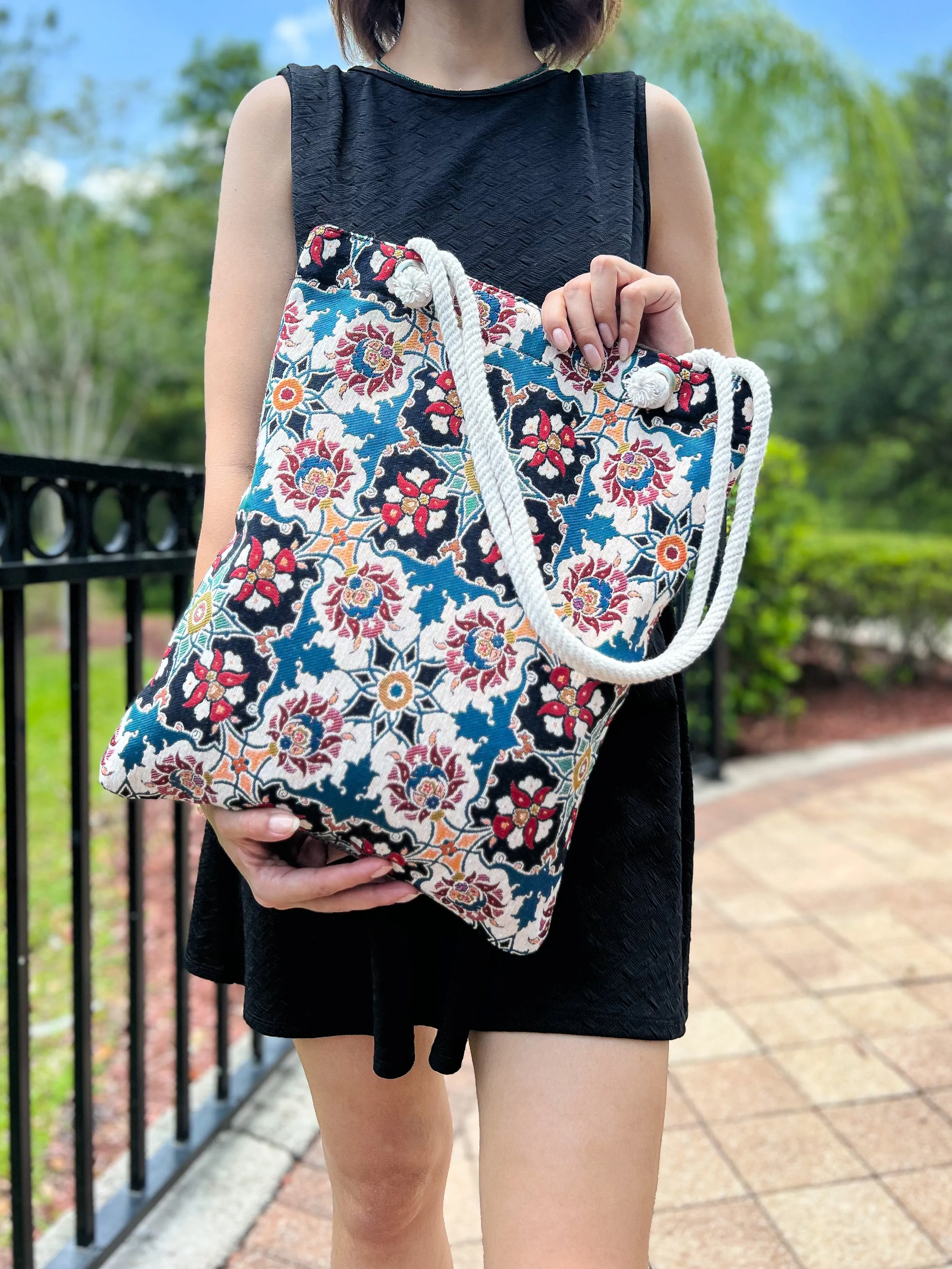 Floral Tote Bag, Handmade Beach Bag, Boho Shoulder Bag