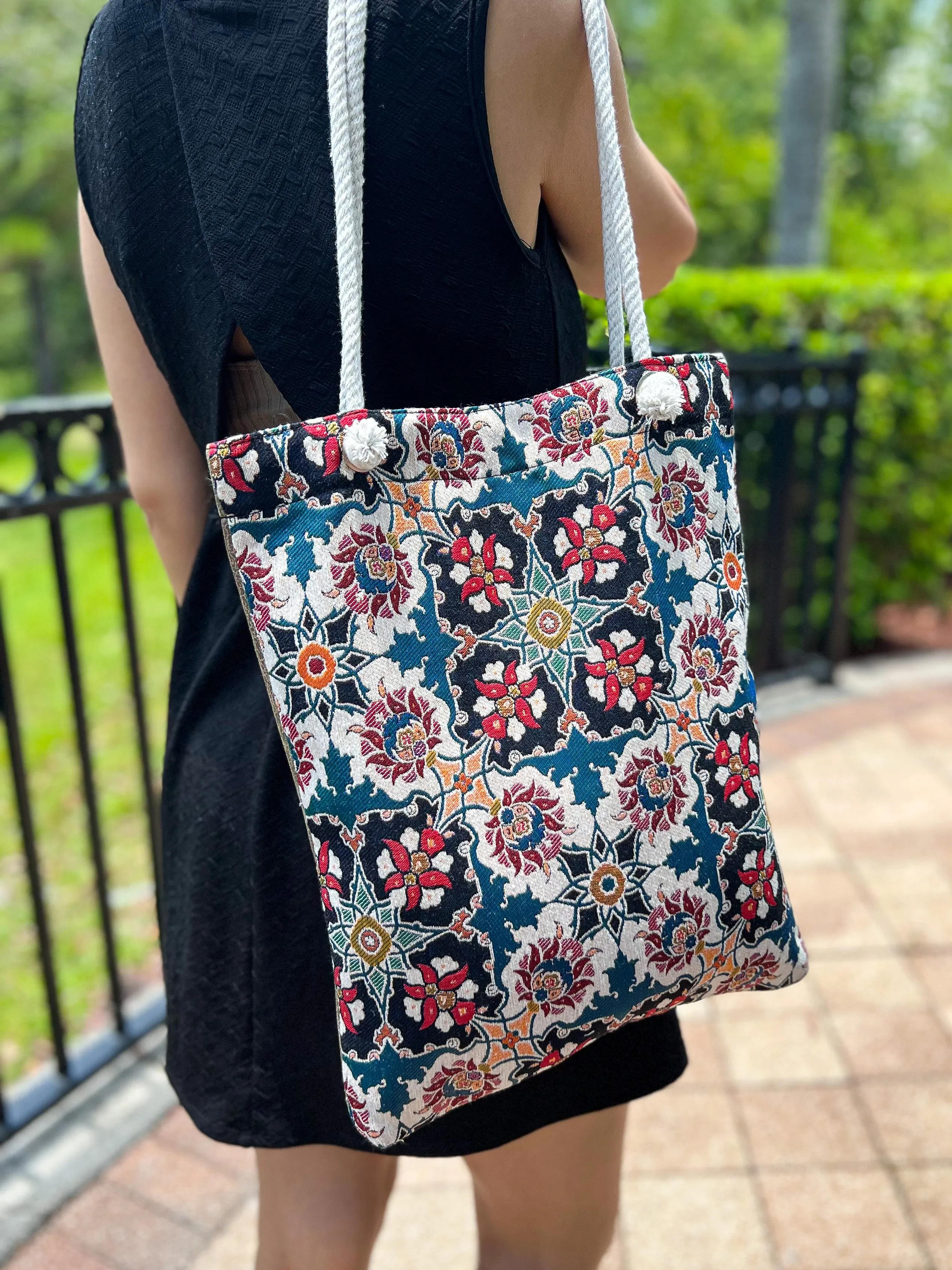 Floral Tote Bag, Handmade Beach Bag, Boho Shoulder Bag