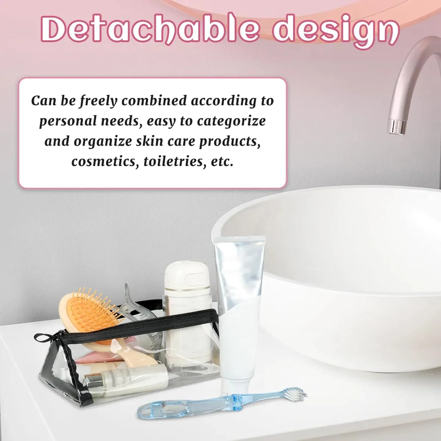 Flower Eggs Toiletry Bag Water Proof Travel Makeup Case Large Capacity 4 in 1 Foldable Cosmetics Storage for Women Men Removable Zipper Clear PVC Pockets