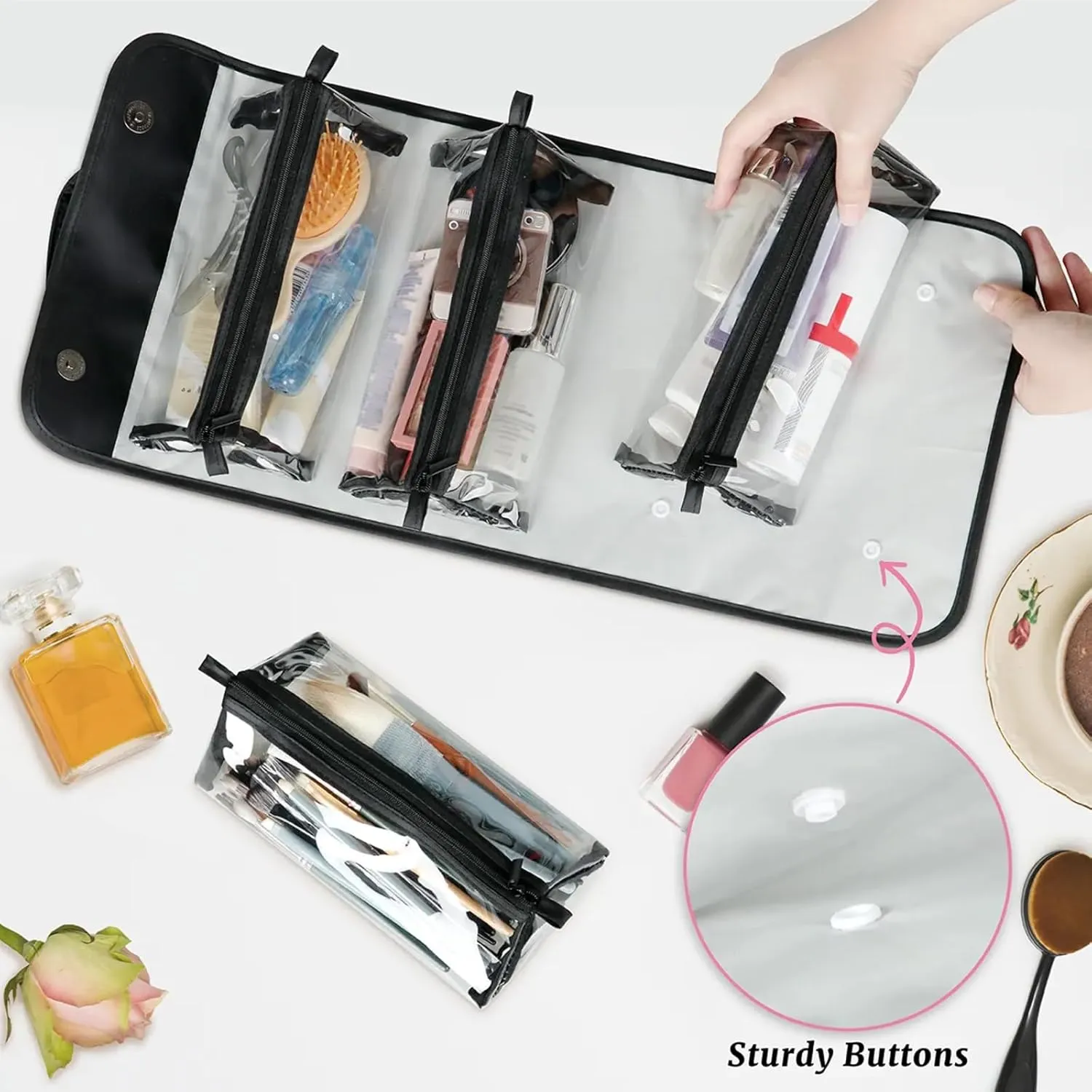 Flower Eggs Toiletry Bag Water Proof Travel Makeup Case Large Capacity 4 in 1 Foldable Cosmetics Storage for Women Men Removable Zipper Clear PVC Pockets