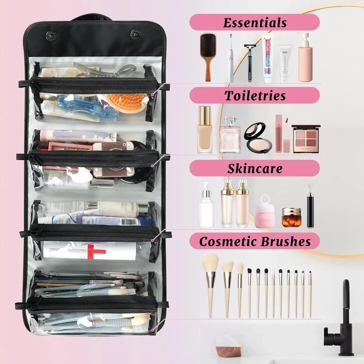 Flower Eggs Toiletry Bag Water Proof Travel Makeup Case Large Capacity 4 in 1 Foldable Cosmetics Storage for Women Men Removable Zipper Clear PVC Pockets