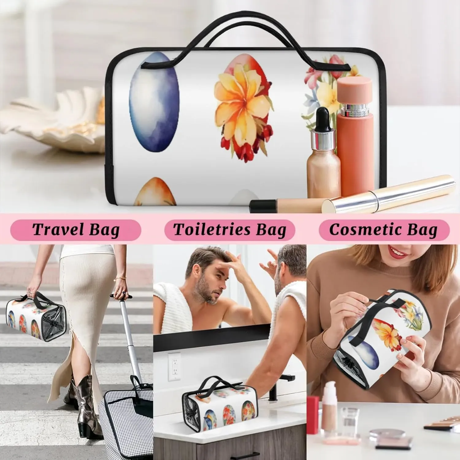 Flower Eggs Toiletry Bag Water Proof Travel Makeup Case Large Capacity 4 in 1 Foldable Cosmetics Storage for Women Men Removable Zipper Clear PVC Pockets