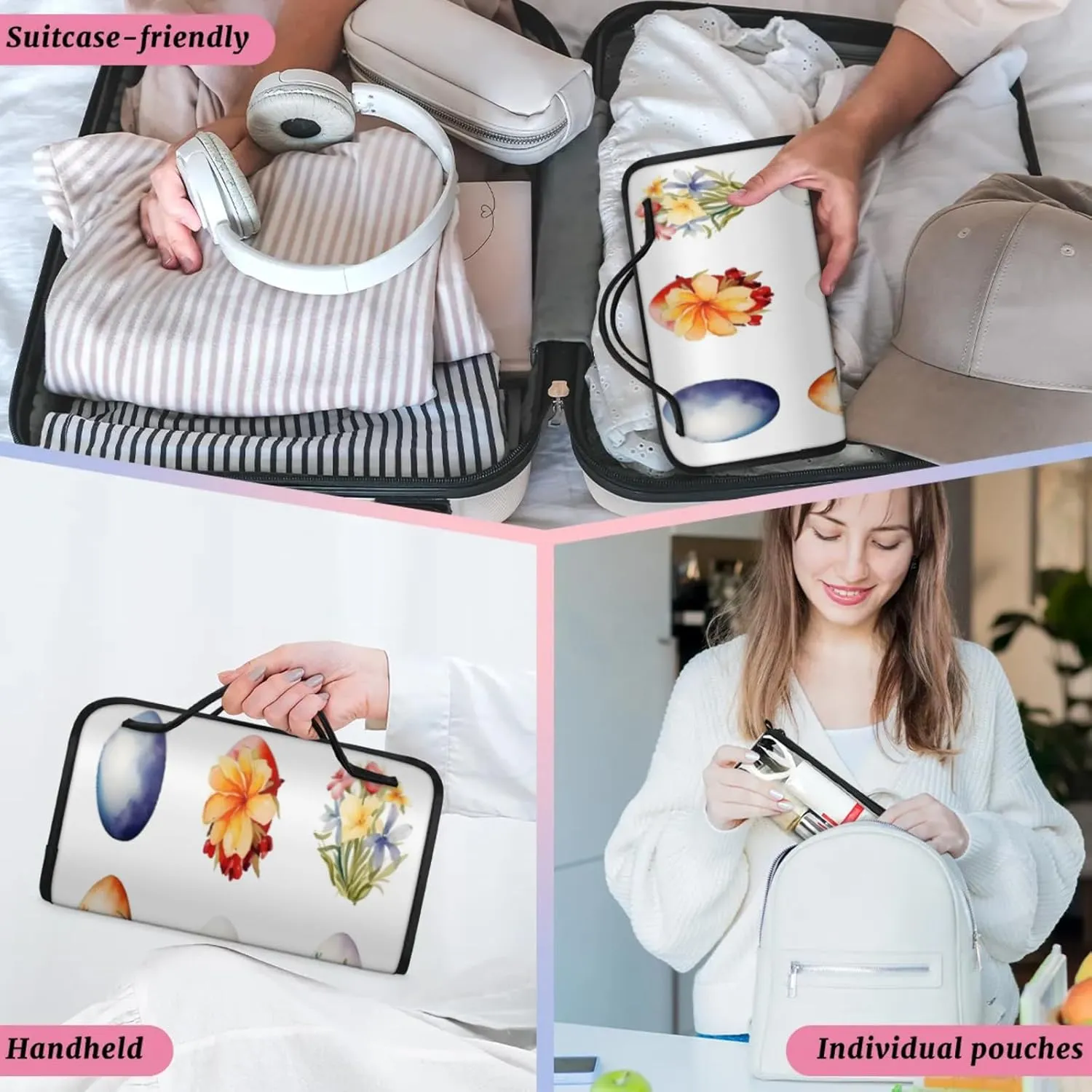 Flower Eggs Toiletry Bag Water Proof Travel Makeup Case Large Capacity 4 in 1 Foldable Cosmetics Storage for Women Men Removable Zipper Clear PVC Pockets