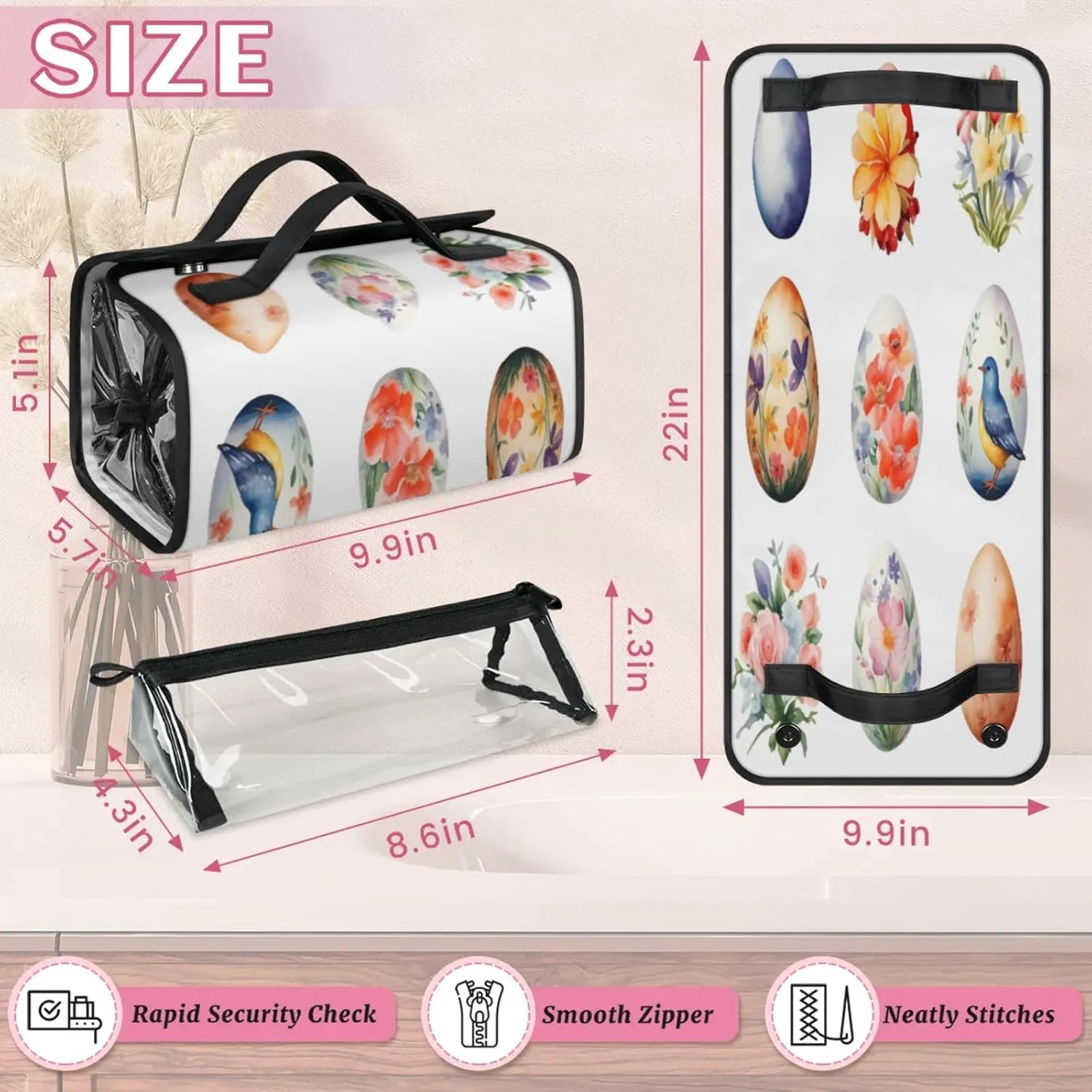 Flower Eggs Toiletry Bag Water Proof Travel Makeup Case Large Capacity 4 in 1 Foldable Cosmetics Storage for Women Men Removable Zipper Clear PVC Pockets