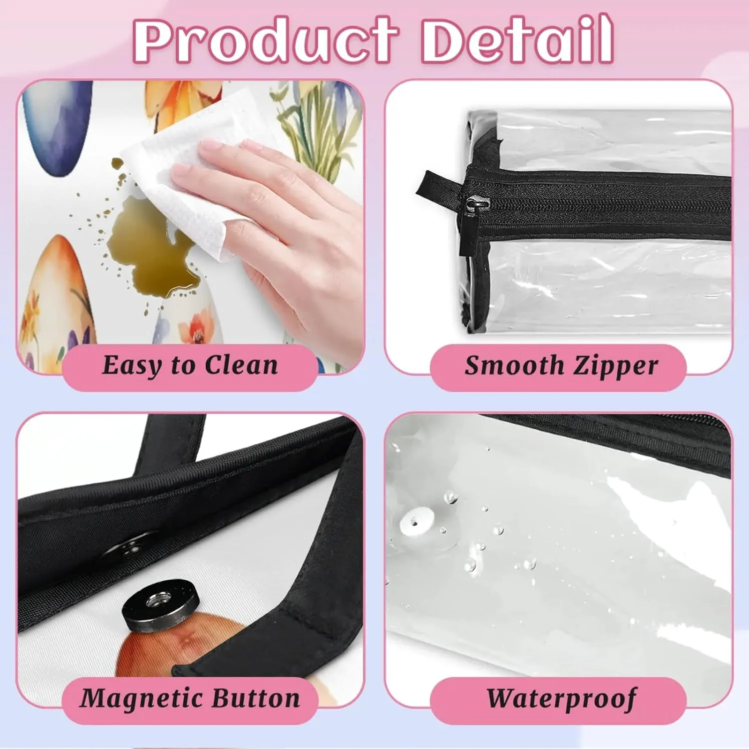 Flower Eggs Toiletry Bag Water Proof Travel Makeup Case Large Capacity 4 in 1 Foldable Cosmetics Storage for Women Men Removable Zipper Clear PVC Pockets