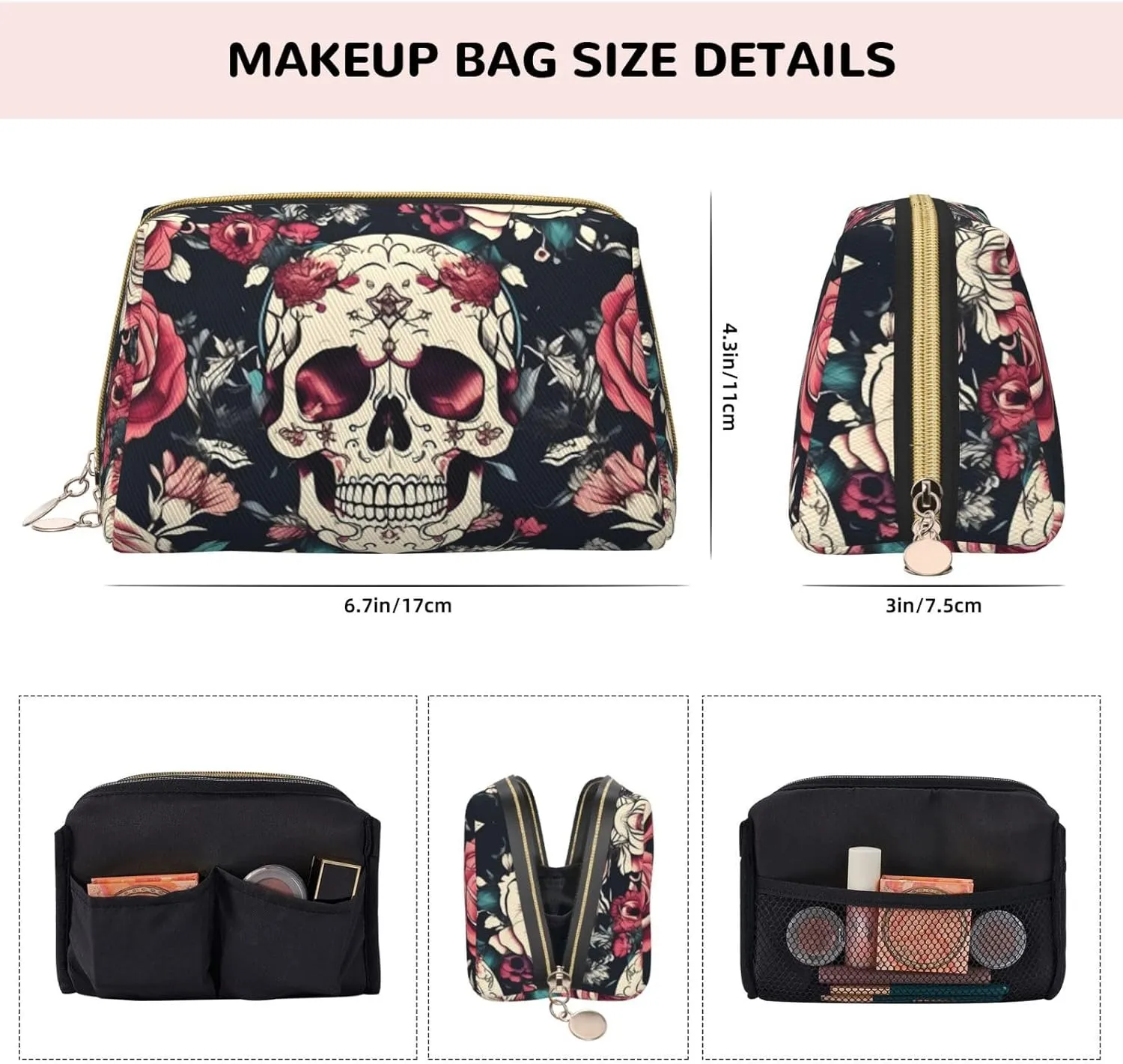 Flowers Skull Ornamental Pattern Travel Toiletry Organizer, Portable Makeup Bag For Women