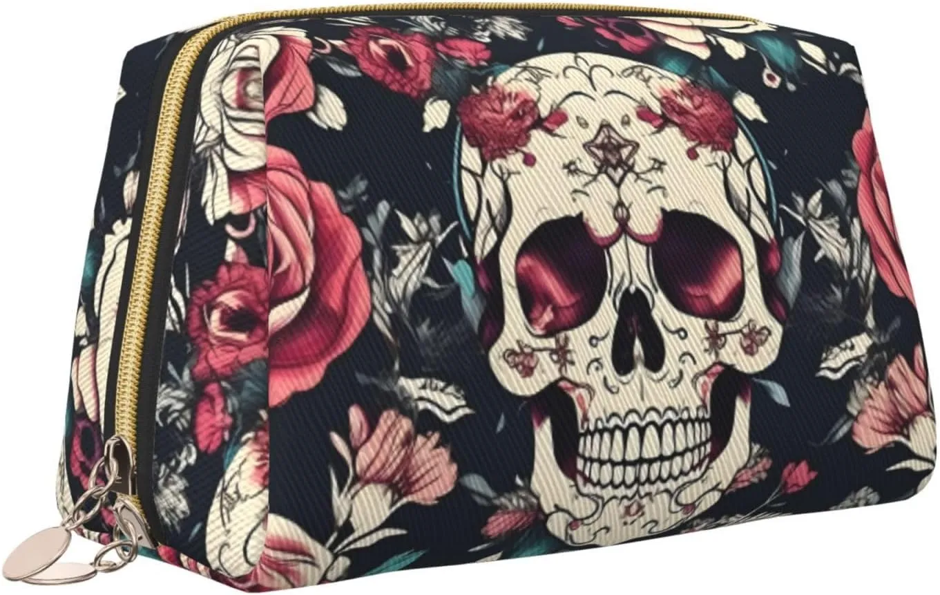 Flowers Skull Ornamental Pattern Travel Toiletry Organizer, Portable Makeup Bag For Women