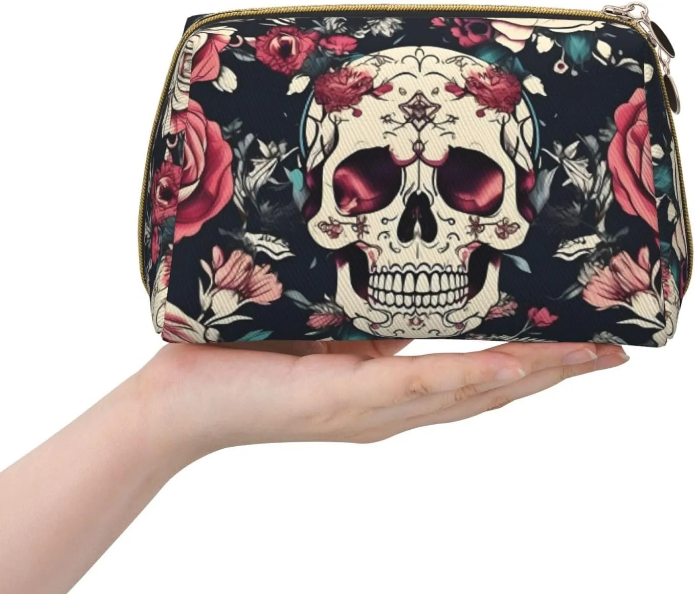 Flowers Skull Ornamental Pattern Travel Toiletry Organizer, Portable Makeup Bag For Women