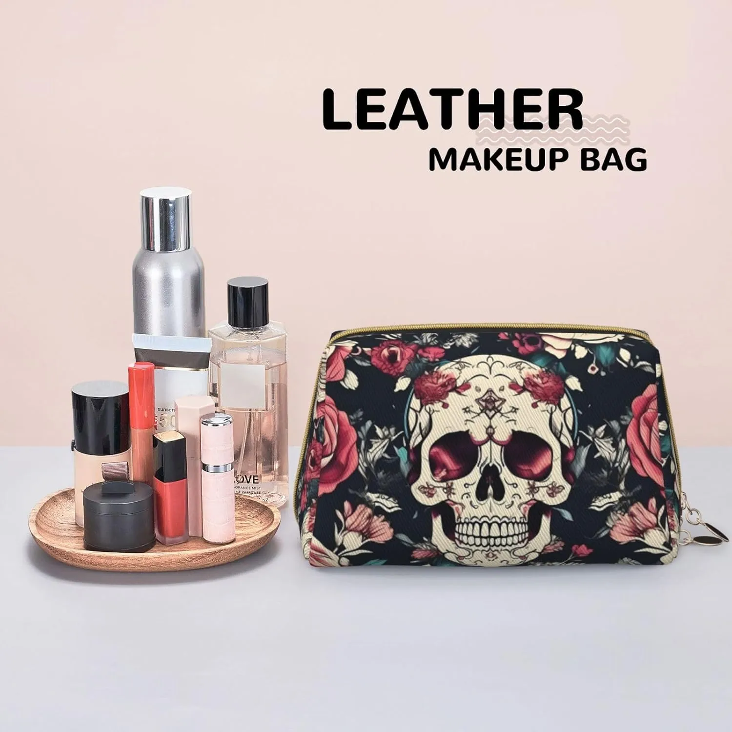 Flowers Skull Ornamental Pattern Travel Toiletry Organizer, Portable Makeup Bag For Women