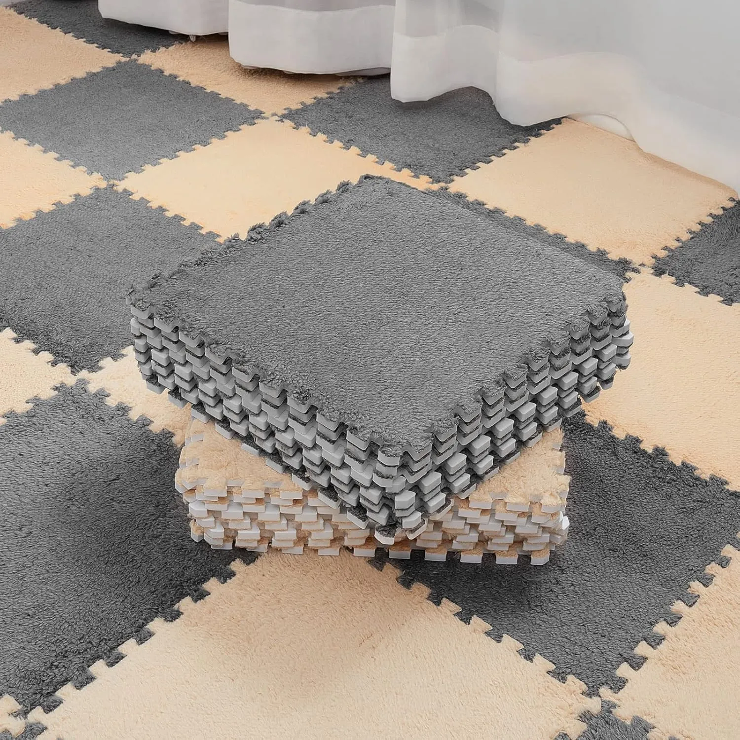 Flutesan 15 Pcs Plush Foam Floor Mat Square Interlocking Carpet Tiles with Border Fluffy Play Mat Floor Tiles Soft Climbing Area Rugs for Home Playroom, 12 x 12 x 0.4 Inch(Camel, Gray)