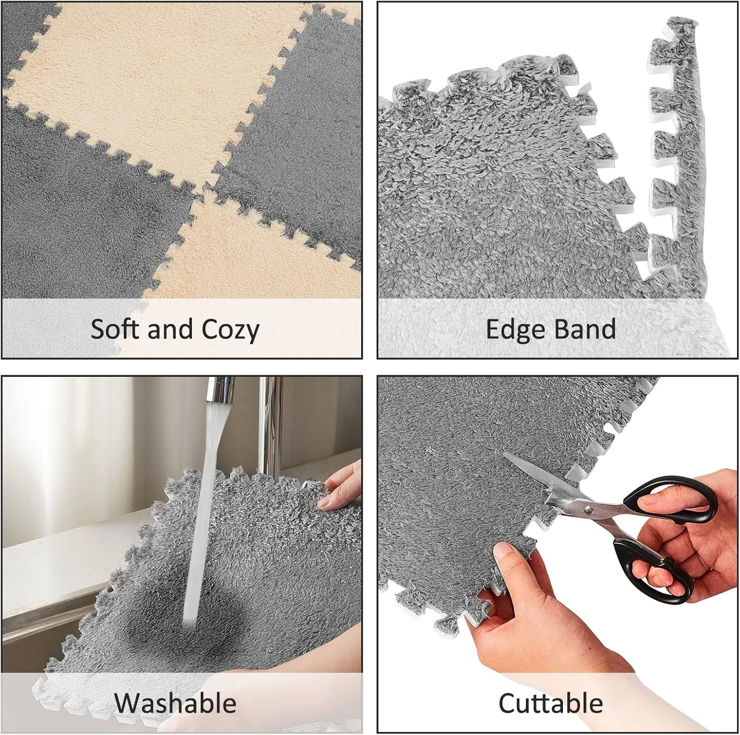 Flutesan 15 Pcs Plush Foam Floor Mat Square Interlocking Carpet Tiles with Border Fluffy Play Mat Floor Tiles Soft Climbing Area Rugs for Home Playroom, 12 x 12 x 0.4 Inch(Camel, Gray)