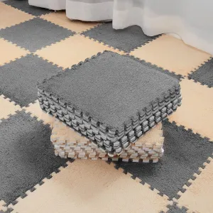 Flutesan 15 Pcs Plush Foam Floor Mat Square Interlocking Carpet Tiles with Border Fluffy Play Mat Floor Tiles Soft Climbing Area Rugs for Home Playroom, 12 x 12 x 0.4 Inch(Camel, Gray)