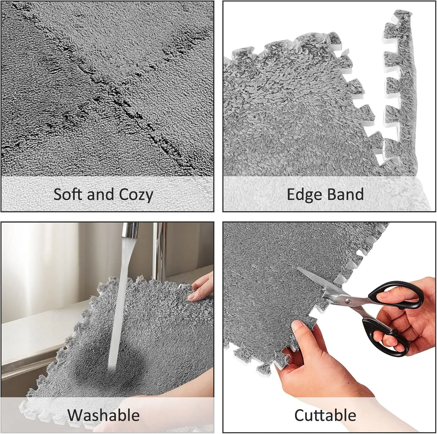 Flutesan 15 Pcs Plush Foam Floor Mat Square Interlocking Carpet Tiles with Border Fluffy Play Mat Floor Tiles Soft Climbing Area Rugs for Home Playroom, 12 x 12 x 0.4 Inch(Gray)