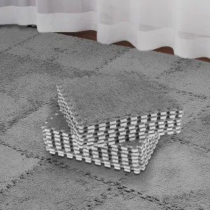 Flutesan 15 Pcs Plush Foam Floor Mat Square Interlocking Carpet Tiles with Border Fluffy Play Mat Floor Tiles Soft Climbing Area Rugs for Home Playroom, 12 x 12 x 0.4 Inch(Gray)