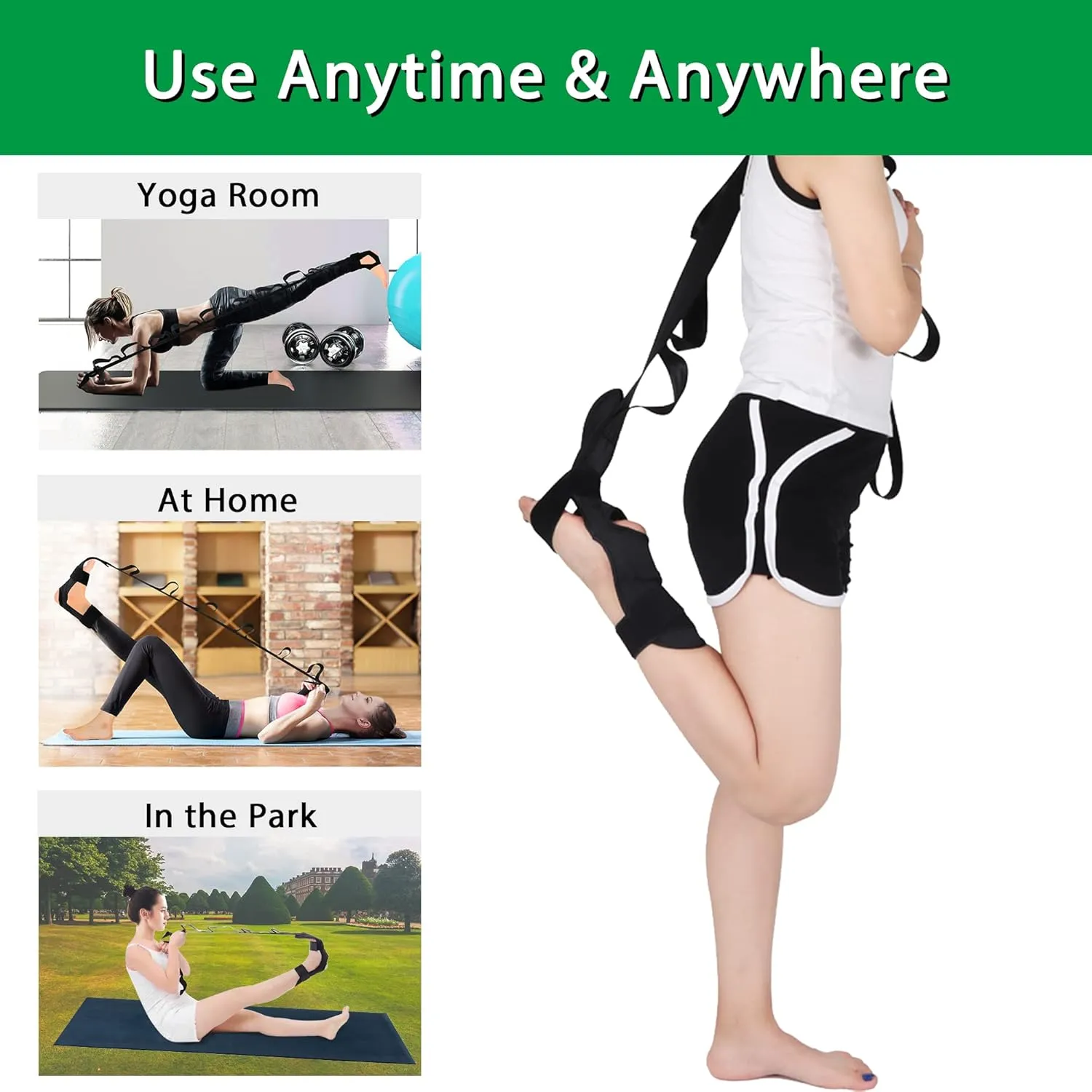 Foot and Calf Stretcher-Stretching Strap For Plantar Fasciitis, Heel Spurs, Foot Drop, Achilles Tendonitis & Hamstring. Yoga Foot & Leg Stretch Strap. (Black)