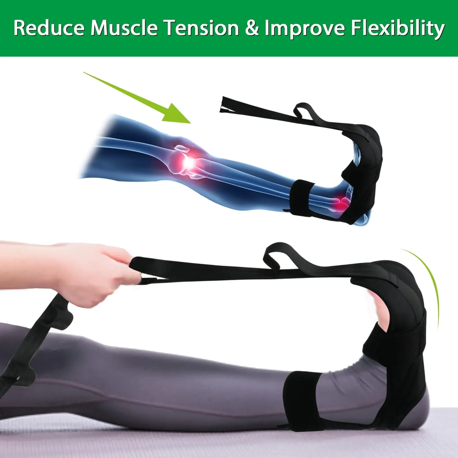 Foot and Calf Stretcher-Stretching Strap For Plantar Fasciitis, Heel Spurs, Foot Drop, Achilles Tendonitis & Hamstring. Yoga Foot & Leg Stretch Strap. (Black)