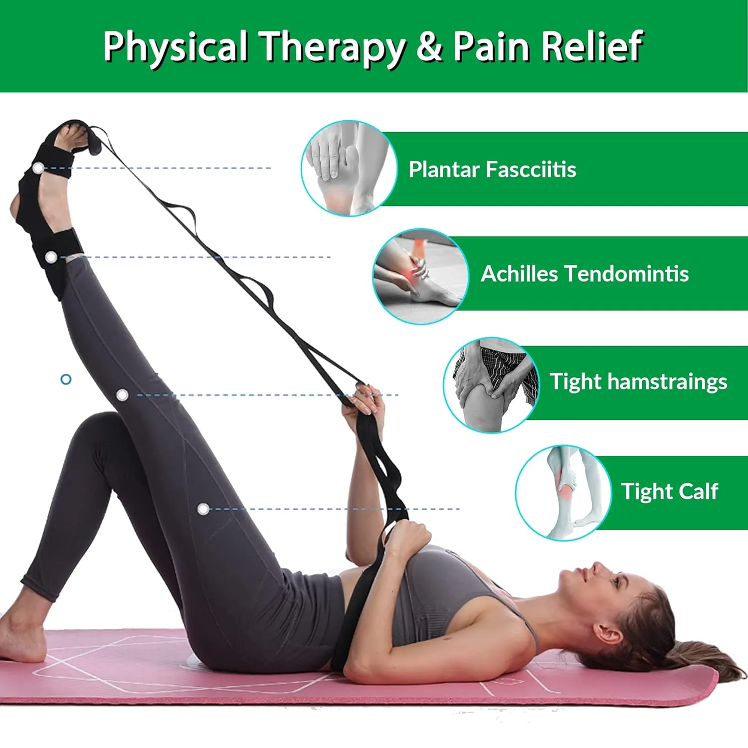 Foot and Calf Stretcher-Stretching Strap For Plantar Fasciitis, Heel Spurs, Foot Drop, Achilles Tendonitis & Hamstring. Yoga Foot & Leg Stretch Strap. (Black)