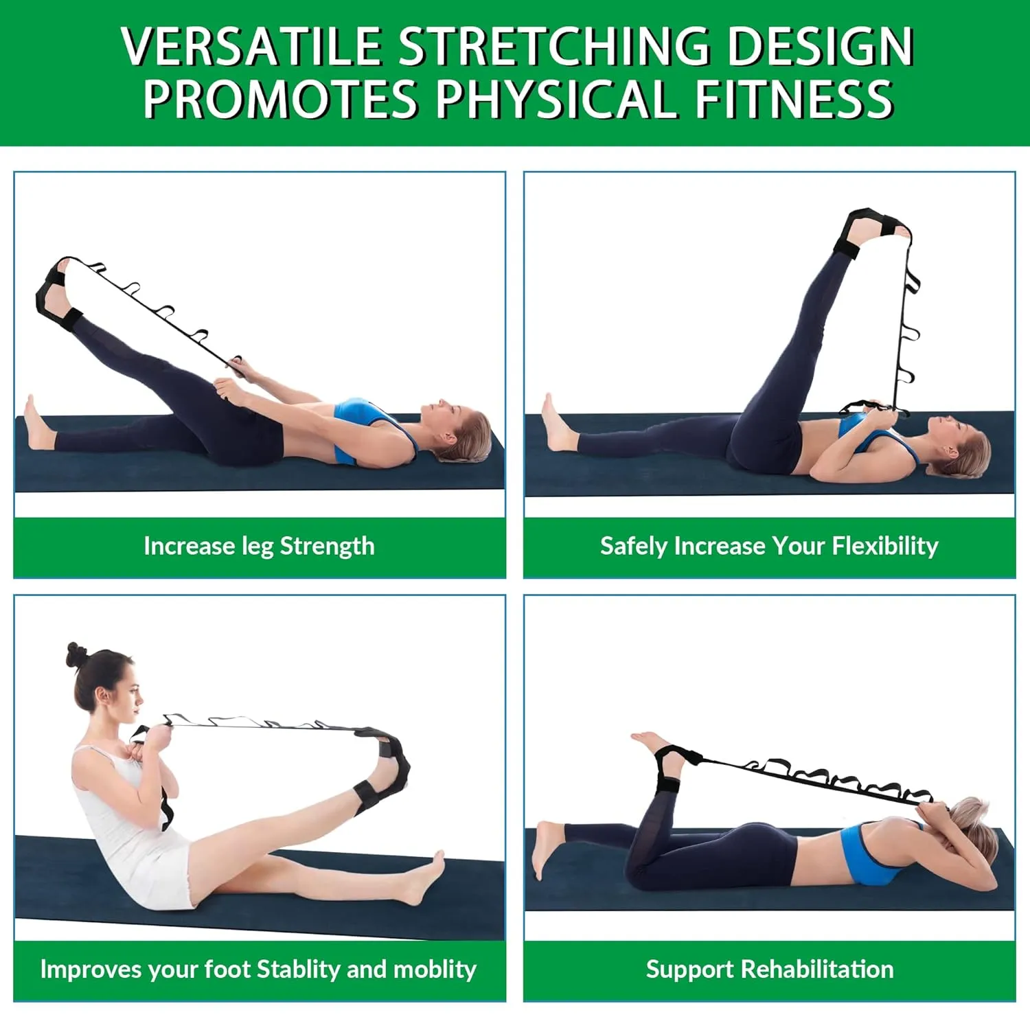 Foot and Calf Stretcher-Stretching Strap For Plantar Fasciitis, Heel Spurs, Foot Drop, Achilles Tendonitis & Hamstring. Yoga Foot & Leg Stretch Strap. (Black)