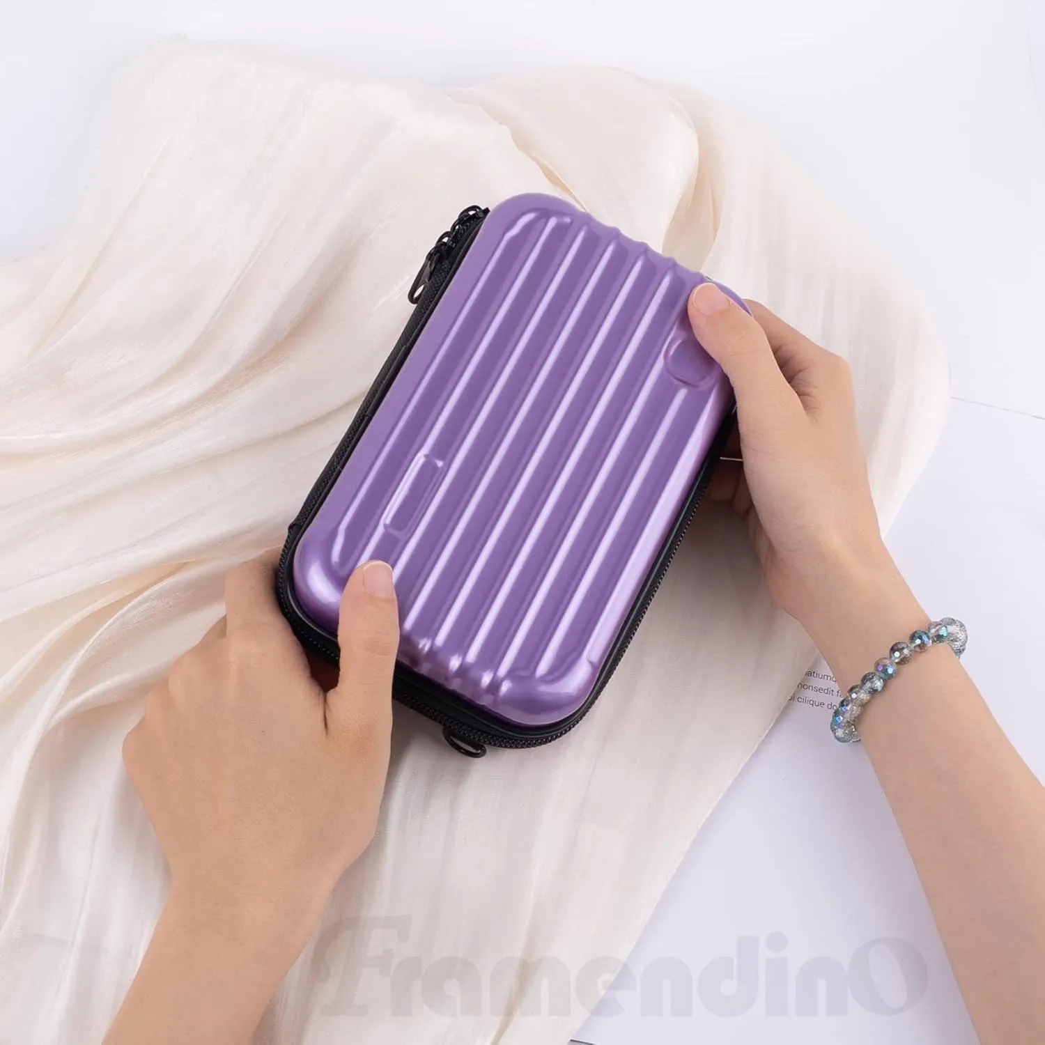 Framendino, Purple Hard Shell Cosmetics Case Carrying Hard Bag for Toiletry Mini Cross Body Bag with Detachable Grip Rope and Shoulder Strap for Women