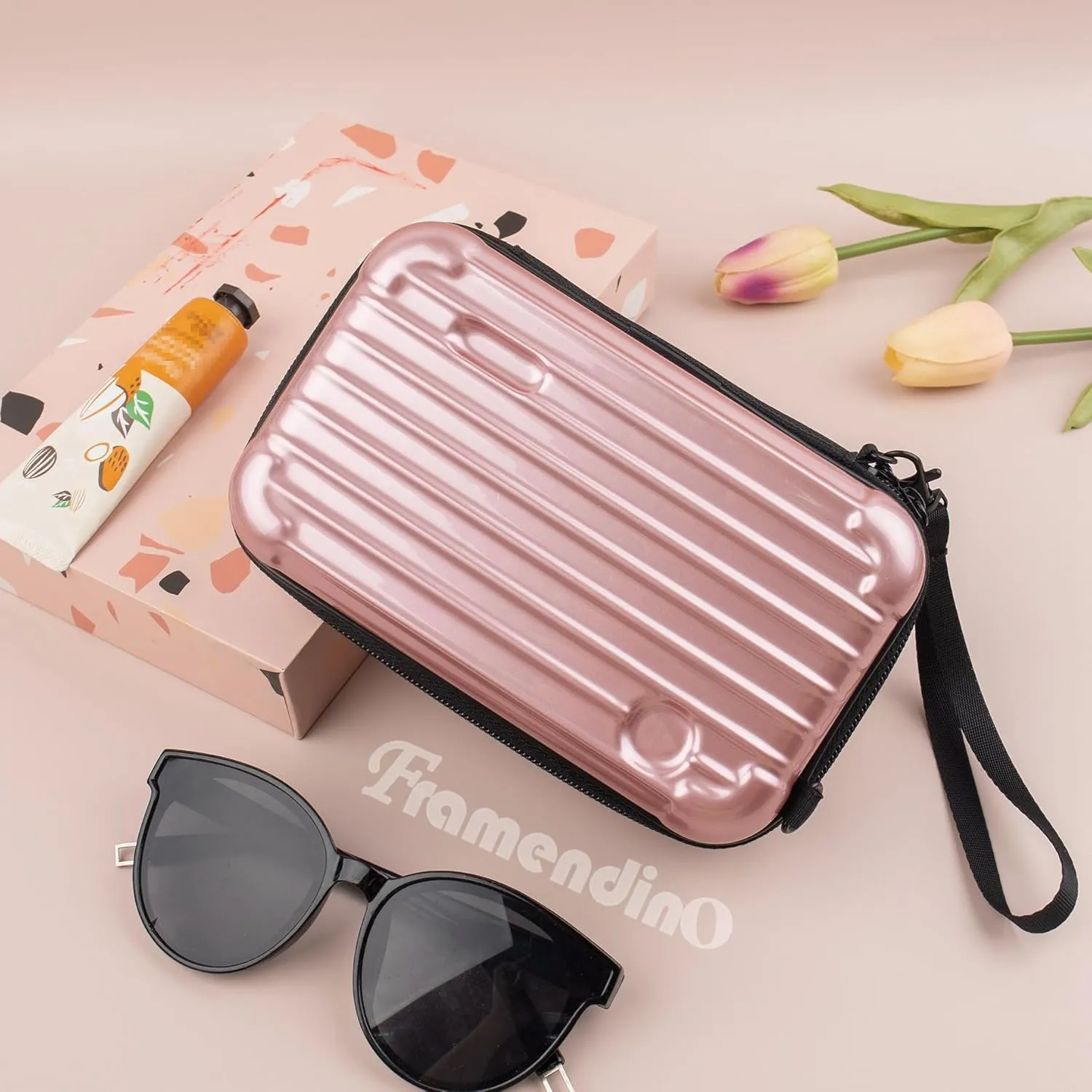 Framendino, Rose Gold Hard Shell Cosmetics Case Carrying Hard Bag for Toiletry Mini Cross Body Bag with Detachable Grip Rope and Shoulder Strap for Women