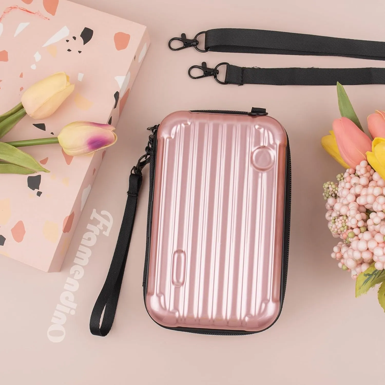 Framendino, Rose Gold Hard Shell Cosmetics Case Carrying Hard Bag for Toiletry Mini Cross Body Bag with Detachable Grip Rope and Shoulder Strap for Women