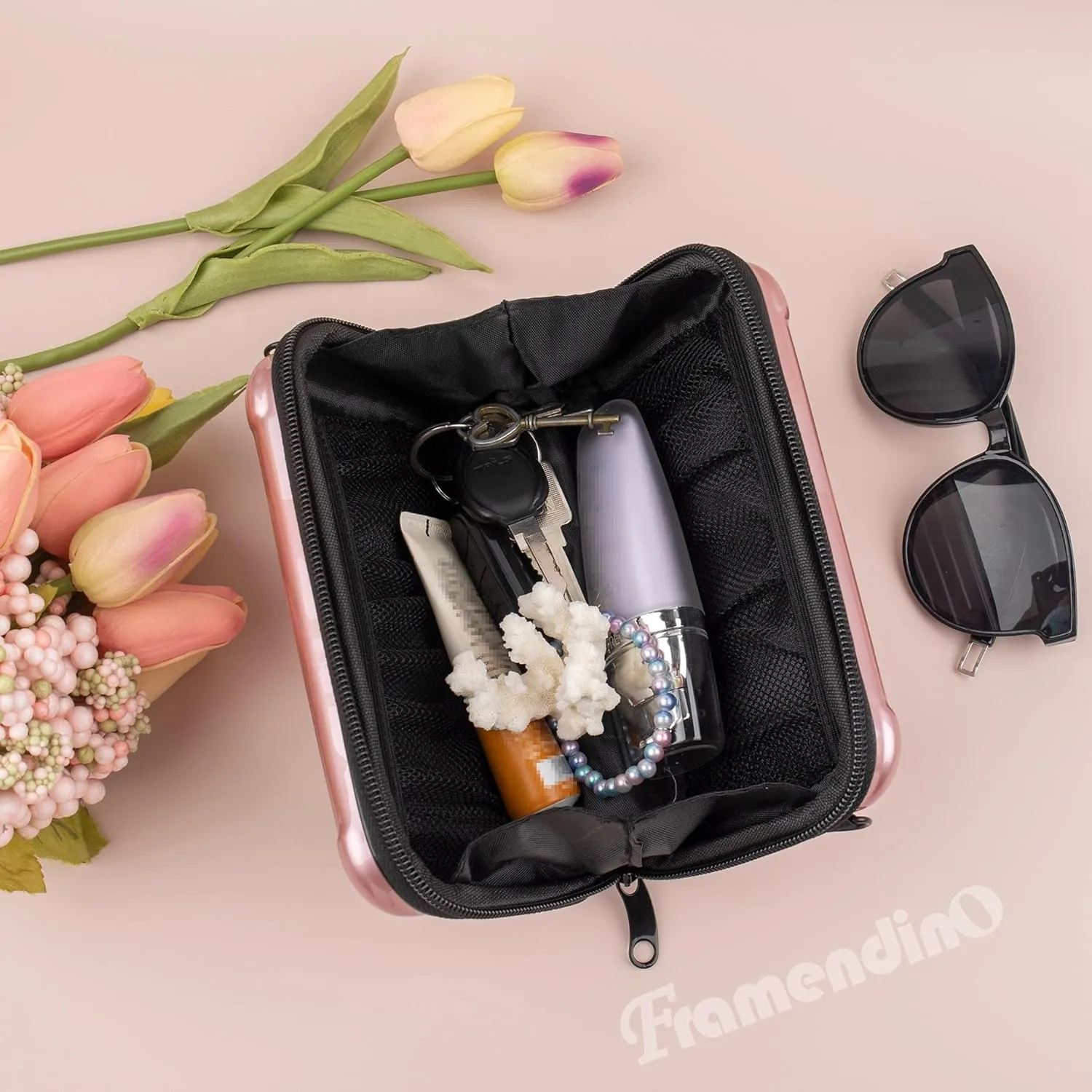 Framendino, Rose Gold Hard Shell Cosmetics Case Carrying Hard Bag for Toiletry Mini Cross Body Bag with Detachable Grip Rope and Shoulder Strap for Women