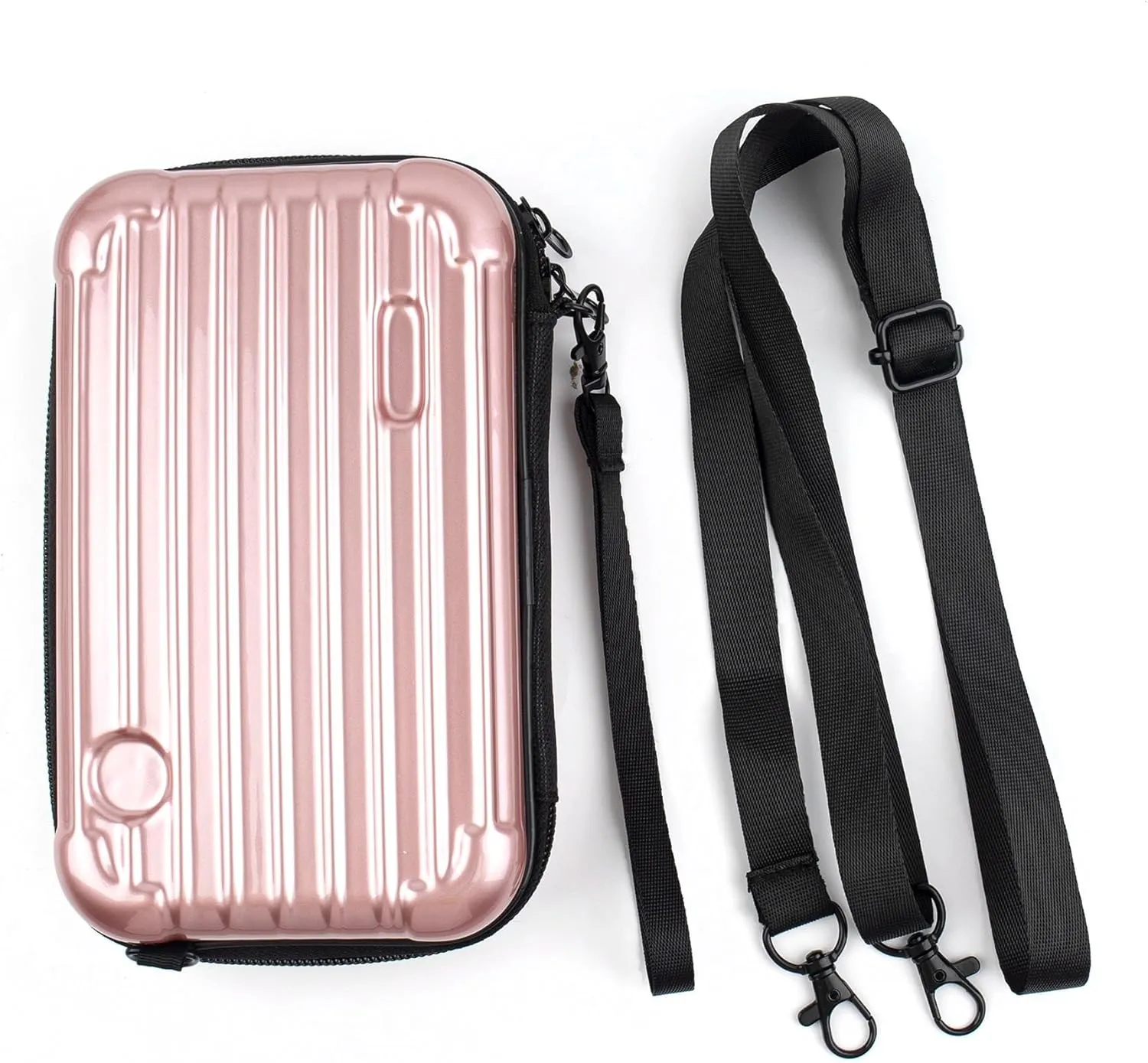 Framendino, Rose Gold Hard Shell Cosmetics Case Carrying Hard Bag for Toiletry Mini Cross Body Bag with Detachable Grip Rope and Shoulder Strap for Women