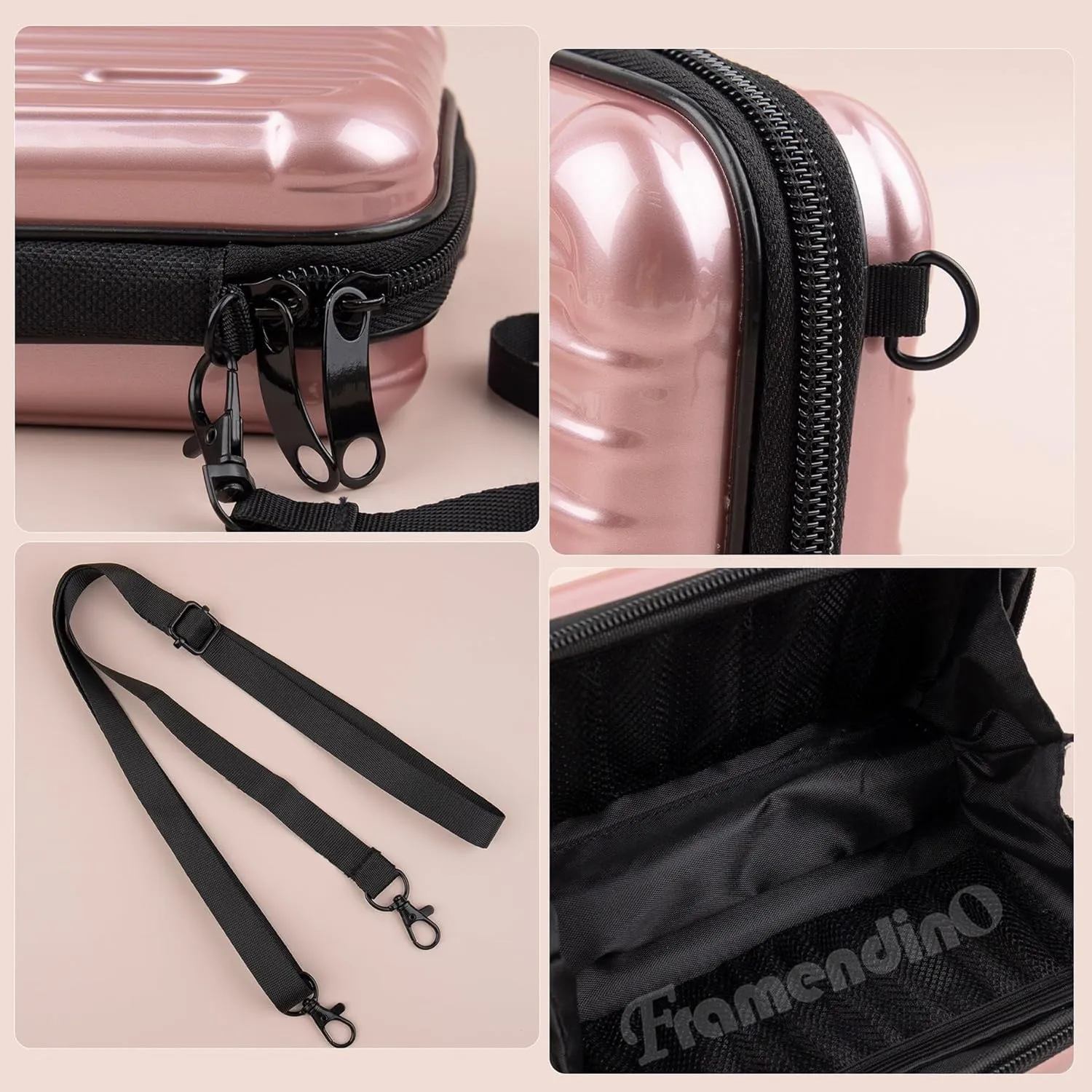 Framendino, Rose Gold Hard Shell Cosmetics Case Carrying Hard Bag for Toiletry Mini Cross Body Bag with Detachable Grip Rope and Shoulder Strap for Women