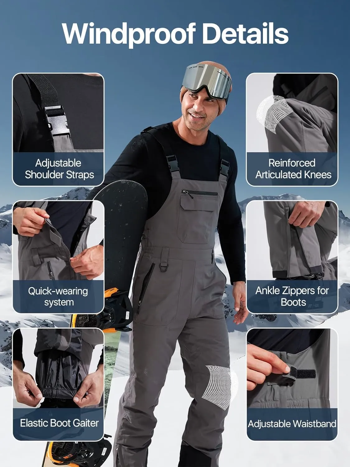 FREE SOLDIER Mens Snow Bibs Ski Pants Softshell Waterproof Insulated Warm Snow Pants Windproof Ski Bib Overalls